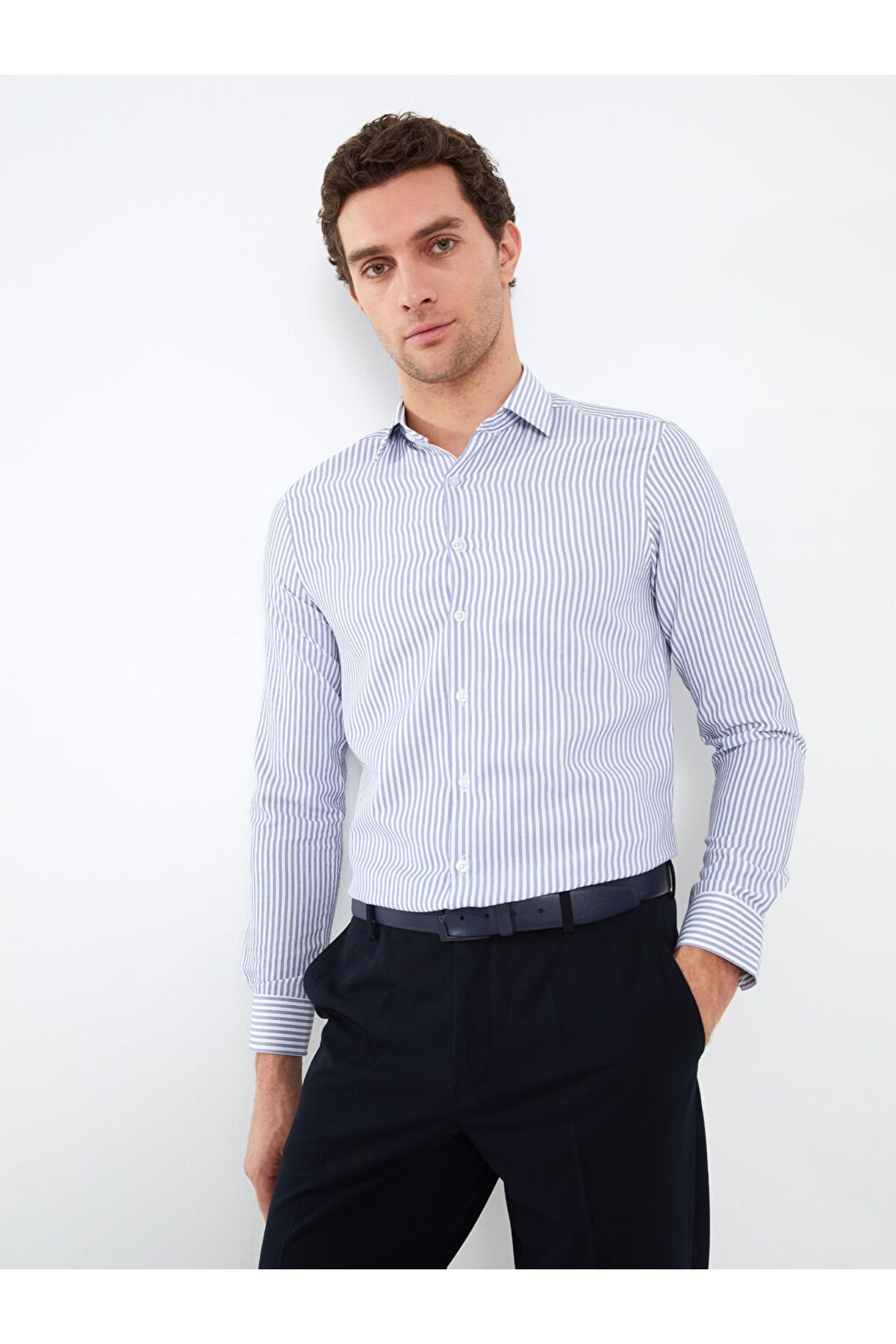LC Waikiki LCW Slim Fit Uzun Kollu Çizgili Armürlü Erkek Gömlek
