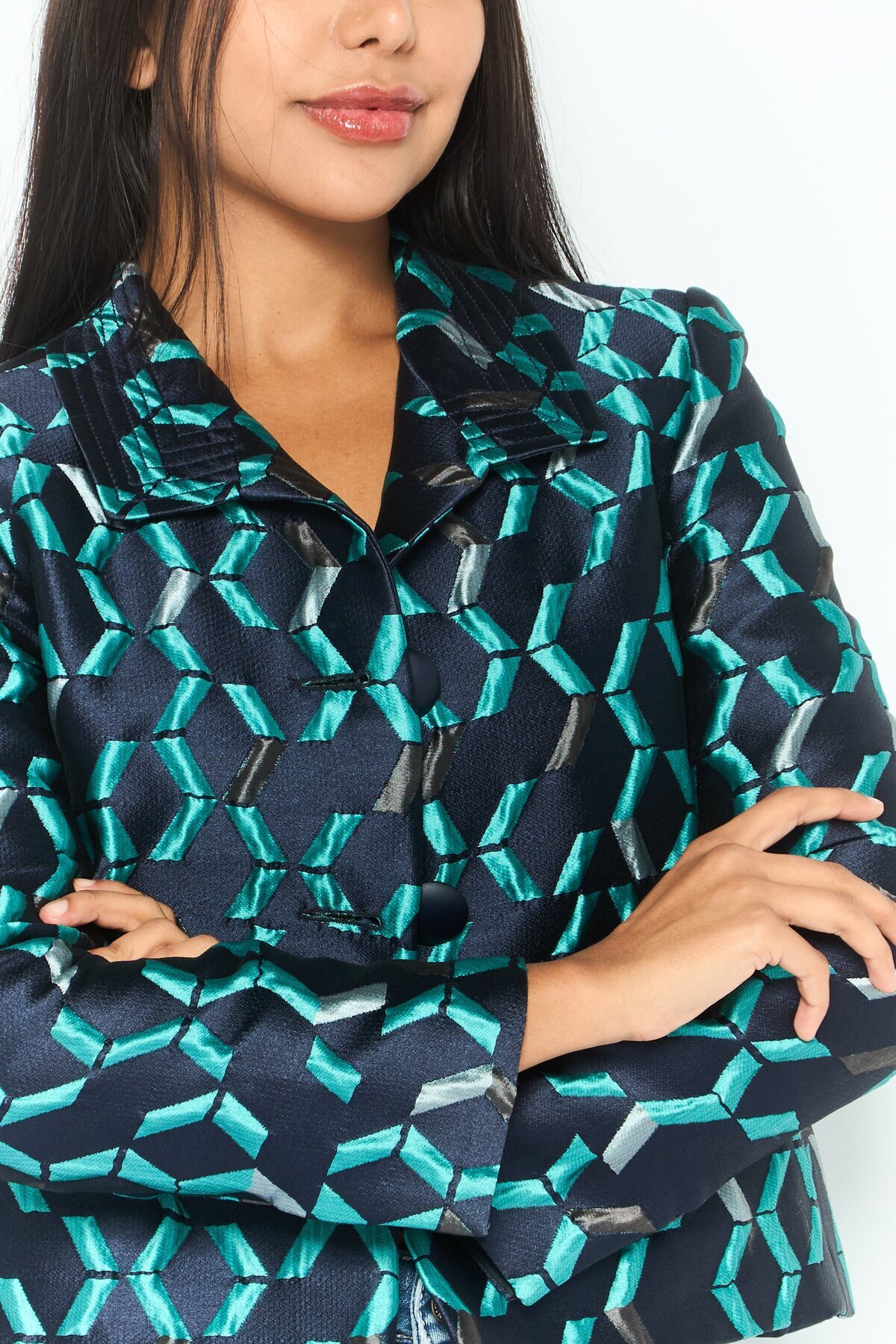 Emporio Armani-Women Regular Fit Textured Semi-Formal Blazer, Navy Combo 3