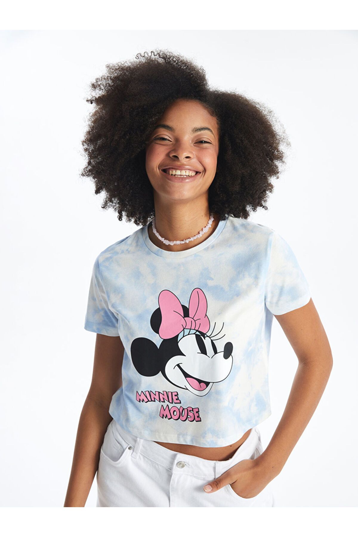 LC Waikiki Yeni Sezon Bisiklet Yaka Minnie Mouse Baskili Kisa Kollu Kadin Crop - S4N308Z8