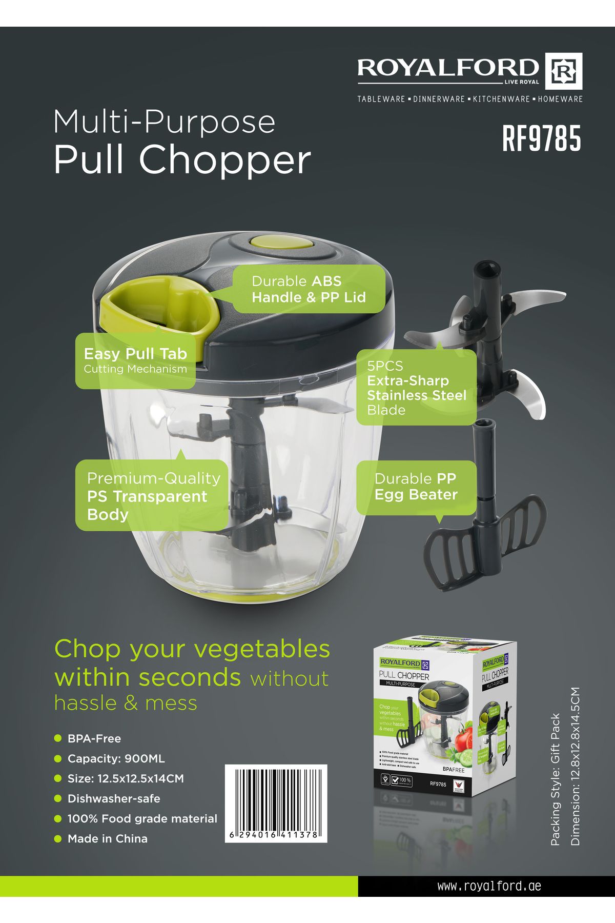 ROYALFORD-900ml Multipurpose Pull Chopper with a Paddle Attachment 2