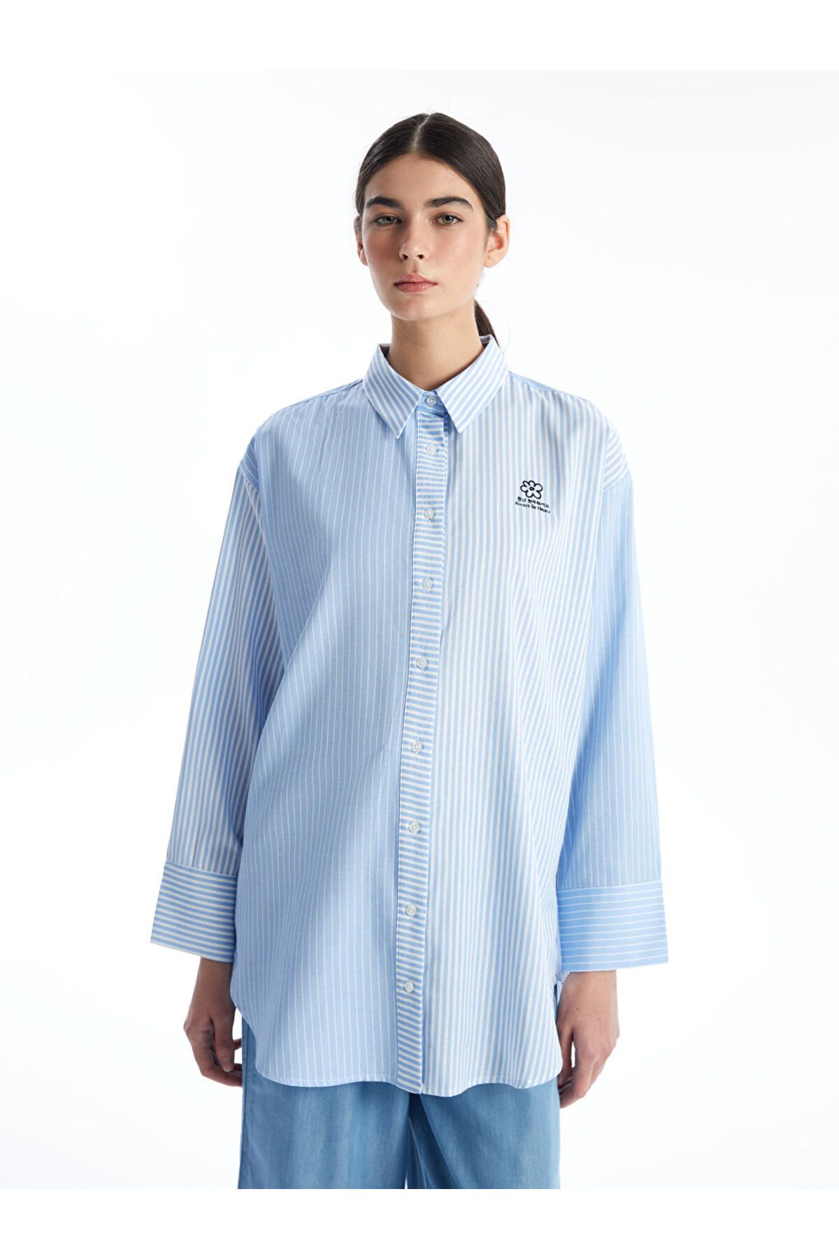 LC Waikiki Çizgili Oversize Poplin Kadın Gömlek Tunik