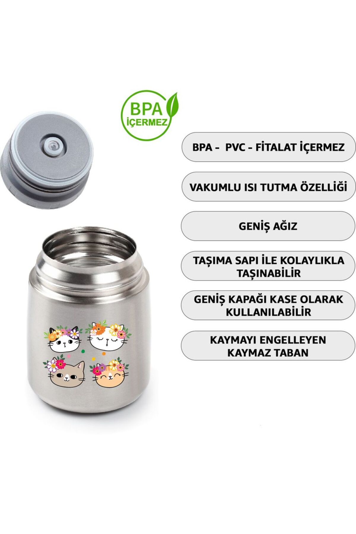 HOPEFUL DESİGN KEDİ 450ML Bebek Mama Saklama Termosu Vakumlu Termos fotoğrafı 3 (önizleme)