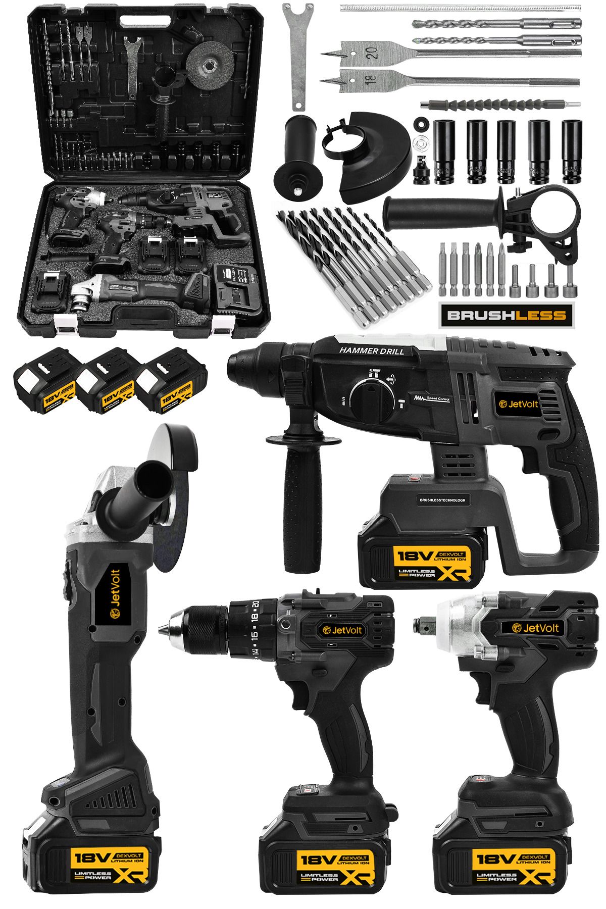 JetVolt Profesyonel 4'Lü Set Şarjlı 2-26 Kırıcı Delici Hilti+125mm Taşlama+450Nm Somun Sökme+13mm Da