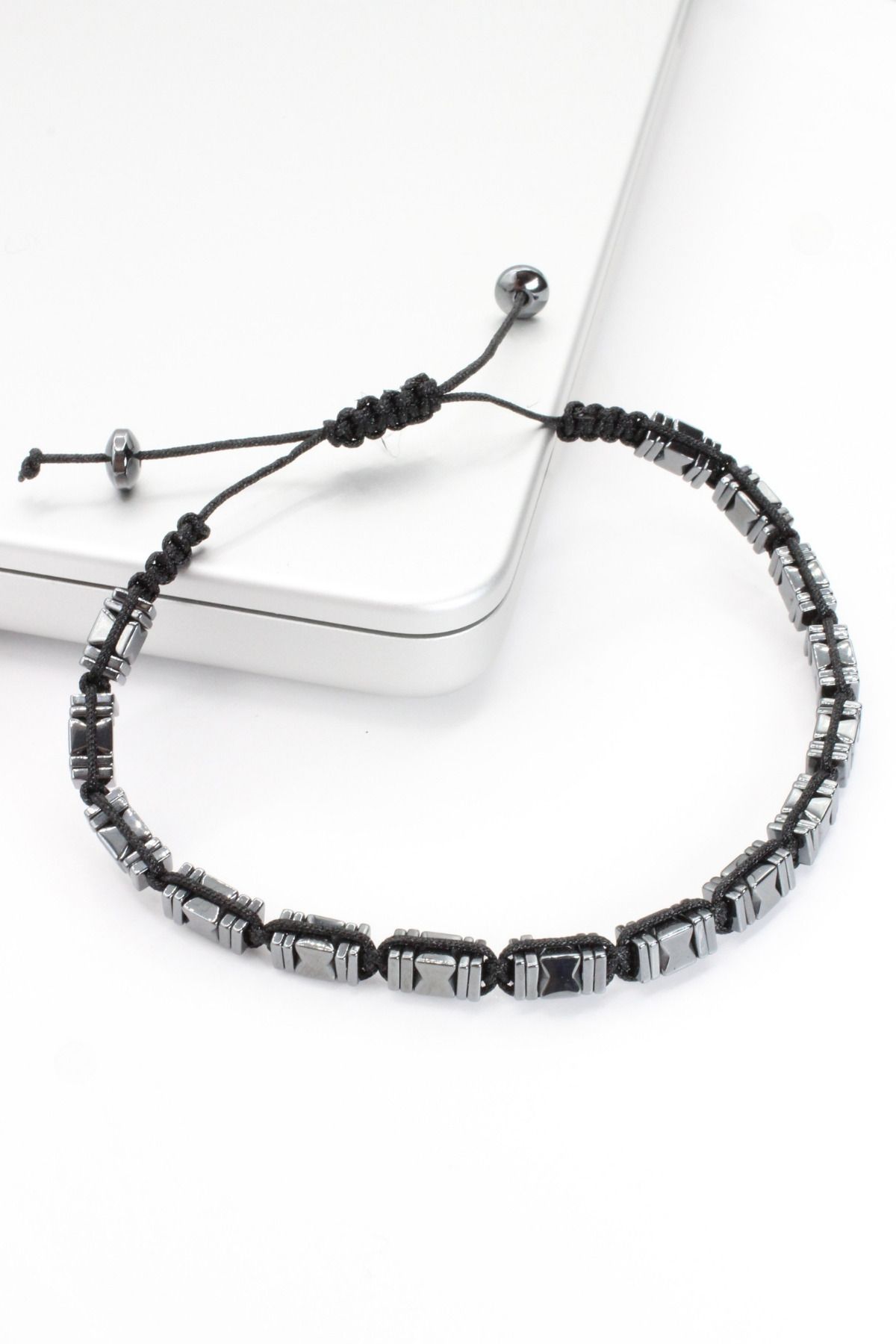 Leo'Stone-Premium Series Rectangular Asymmetrical Pattern Hematite Stone Elevator Drawstring Adjustable Men's Bracelet 1