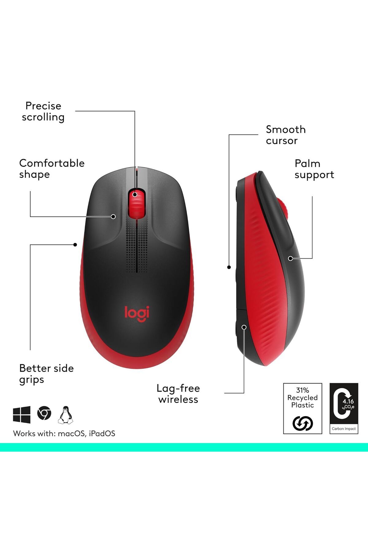 logitech-ماوس لاسلكي M190، تصميم منحني مناسب للاستخدام باليدين بالكامل، بطارية تدوم 18 شهرًا مع توفير الطاقة 6