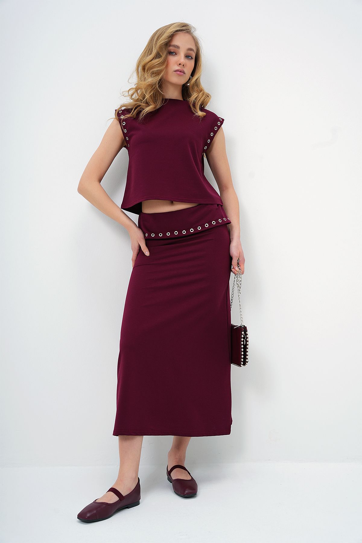 Trend Alaçatı Stili-Burgunderfarbenes Damen-Set mit Stehkragen, Bluse und Rock ALC-X13482 2