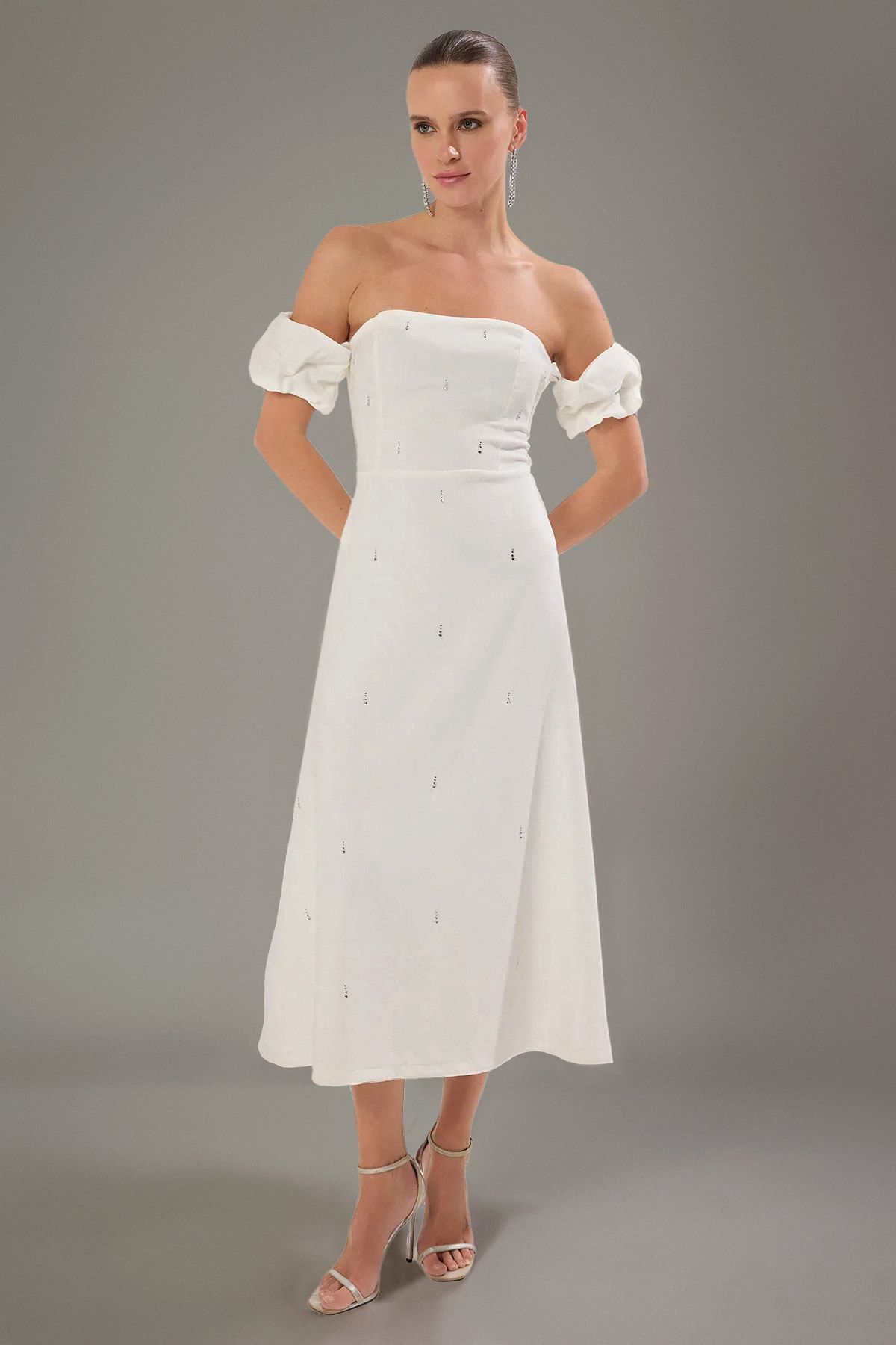 Trendyol Collection-Detail bílého potisku kamínků s hladkým tělem Tkané stylové šaty Midi Tprss25El00243 5