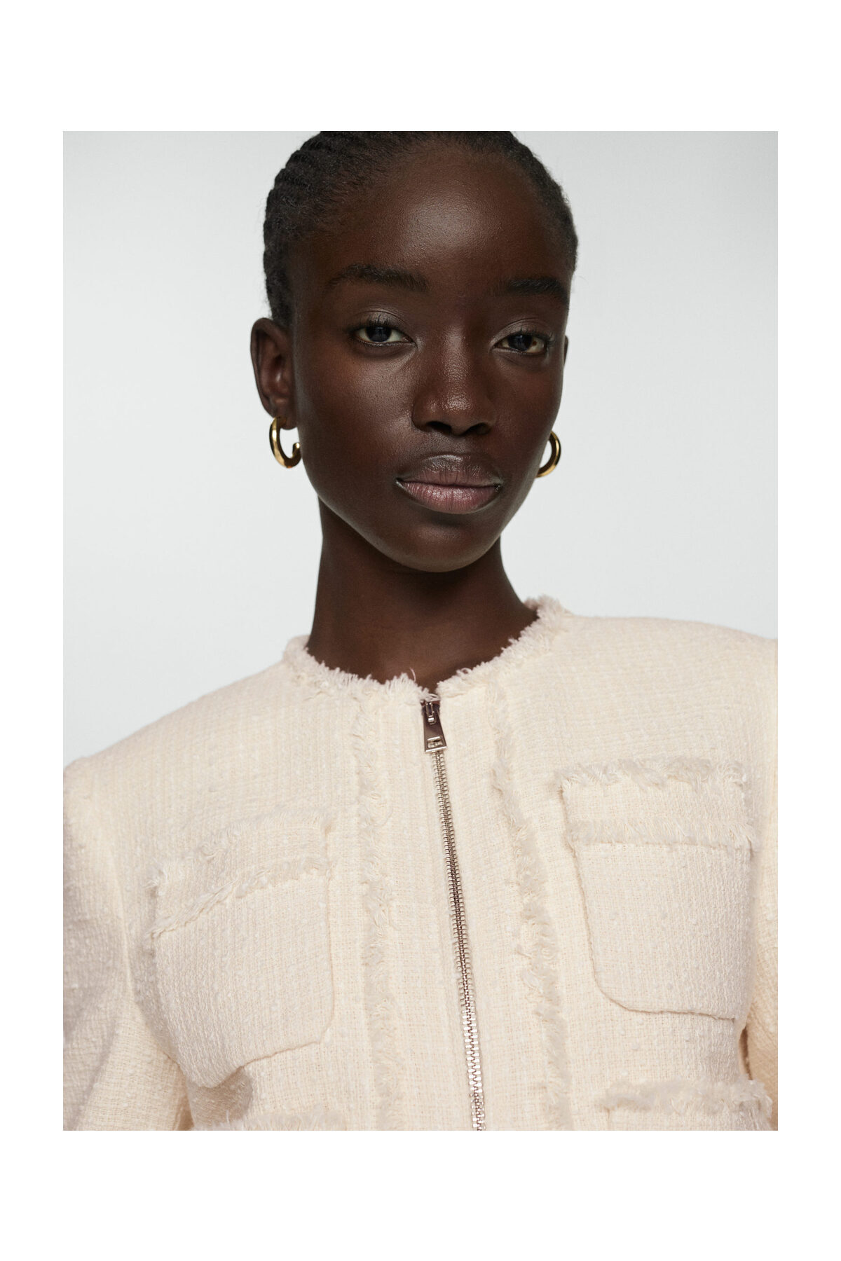 MANGO Woman Marynarka z tweedu z zamkiem błyskawicznym