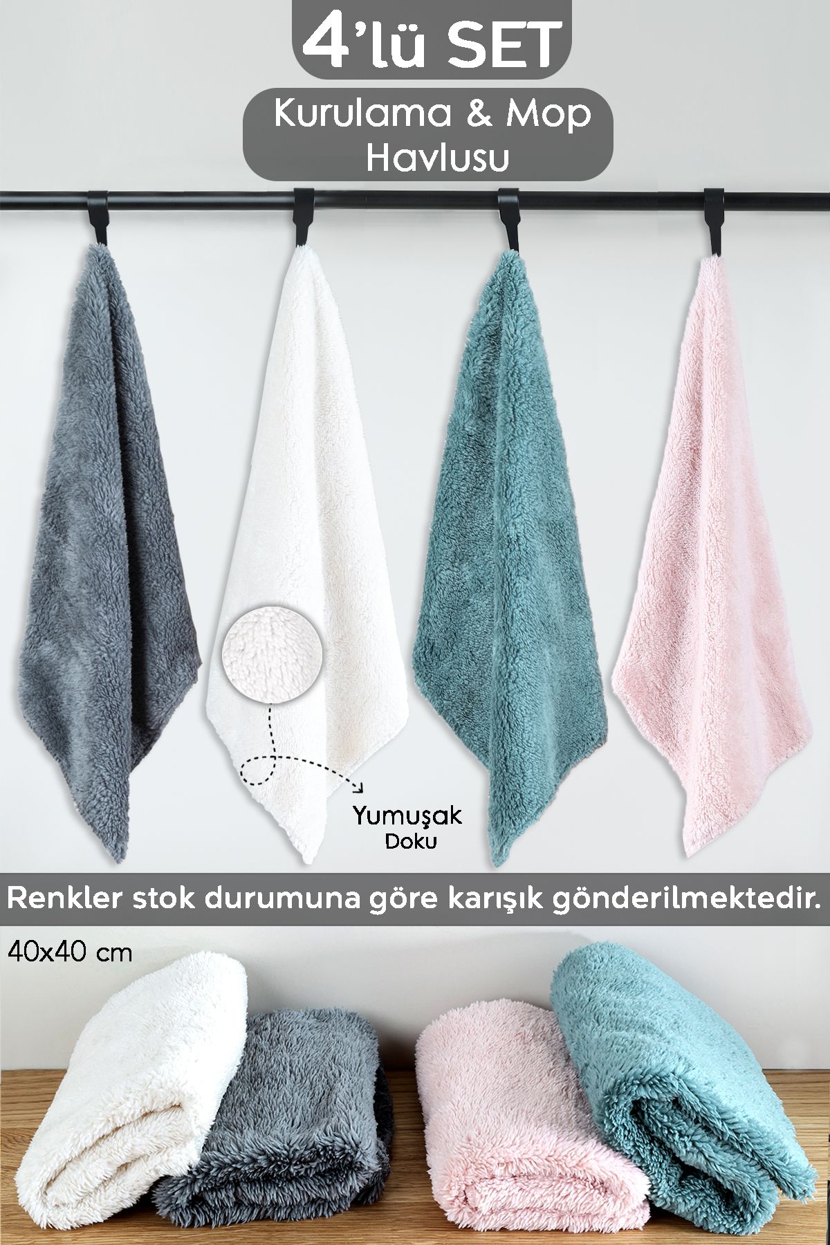 4'lü Temizlik Kurulama Bezi - Banyo Mutfak Araç Kurulama Havlusu Mop Bezi 40x40 cm Karışık Renkli