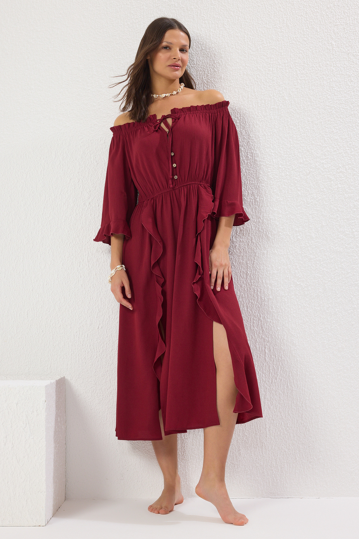 Trendyol Collection Czerwona Sukienka Plażowa Maxi Z Tkaniny W Kolorze Claret Oversize Kobieta - 40