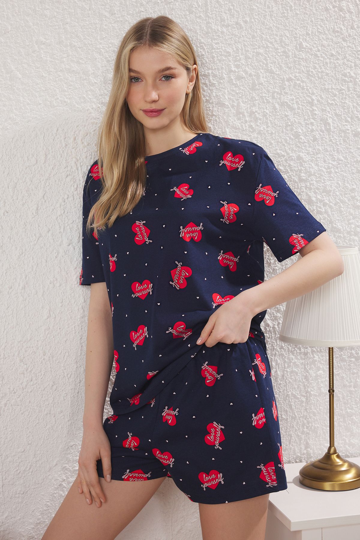 Trendyol Collection Granatowy, 100% Bawełniany, Krótki, Dzianinowy Komplet Piżamowy Kobieta - S