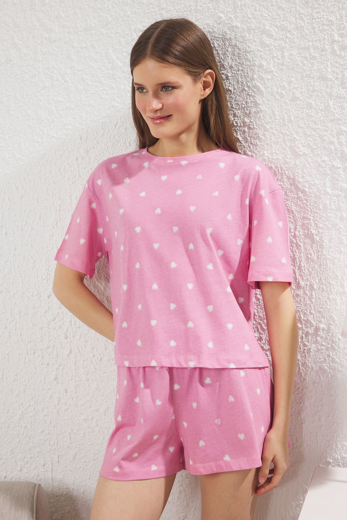 Trendyol Collection-Ροζ 100% βαμβακερή καρδιά Σετ Πλεκτή Πιτζάμες με Σορτς THMSS24PT00029 2