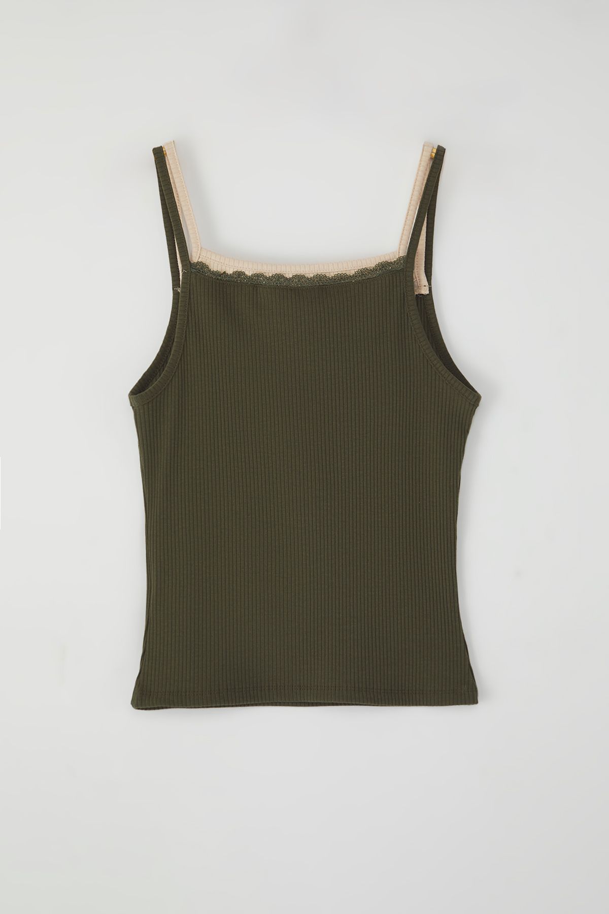 Kolekcia Trendyol-Khaki dvojvrstvová čipka detailne rebrovaná pletená tielka TWOSS25AL00035 6