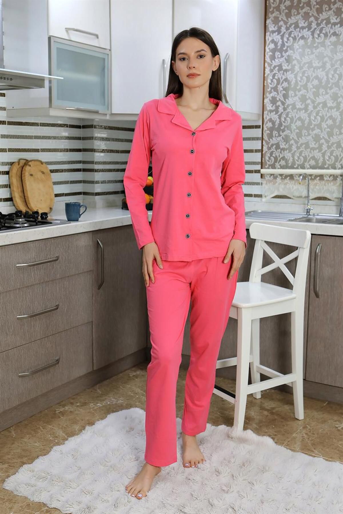 modaserdem-Pink Mining Women Long Sleeve Pajamas Suit Front Buttoned 2