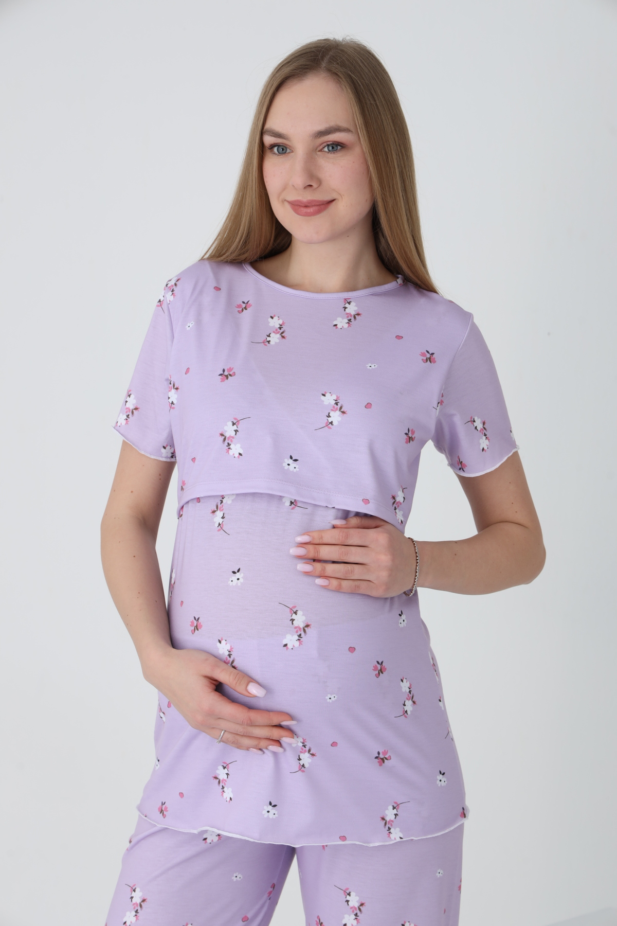 Miss Dünya Lissa Emzirmeye Uygun Kısa Kol Ayarlanabilir Lastik Bel Detaylı Baskılı Hamile ve Lohusa Pijama Takımı fotoğrafı 5 (önizleme)