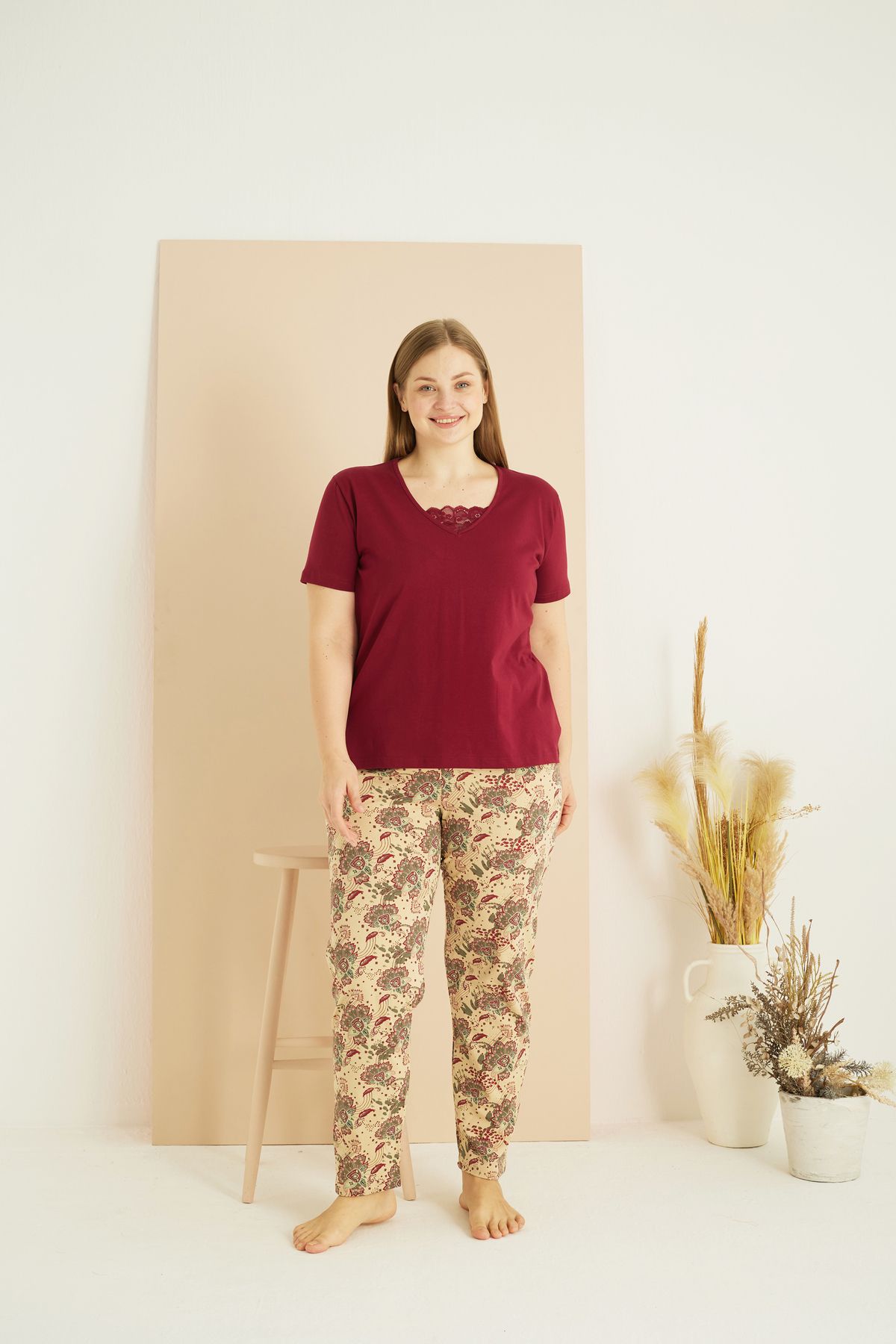 Siyah İnci-Burgundy Patterned Curve Plus Size Oversize Lace Detailed Cotton Pajama Set 25103715 2