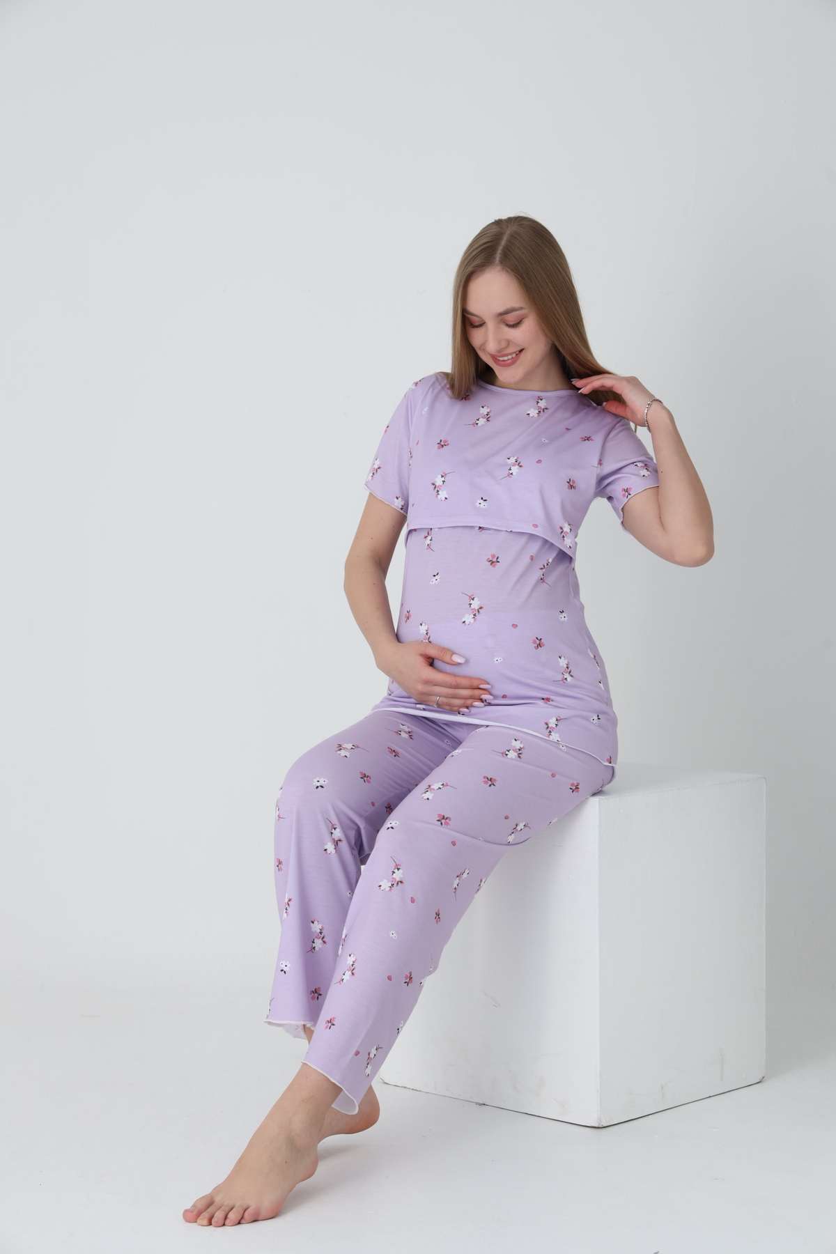 Miss Dünya Lissa Emzirmeye Uygun Kısa Kol Ayarlanabilir Lastik Bel Detaylı Baskılı Hamile ve Lohusa Pijama Takımı fotoğrafı 4 (önizleme)