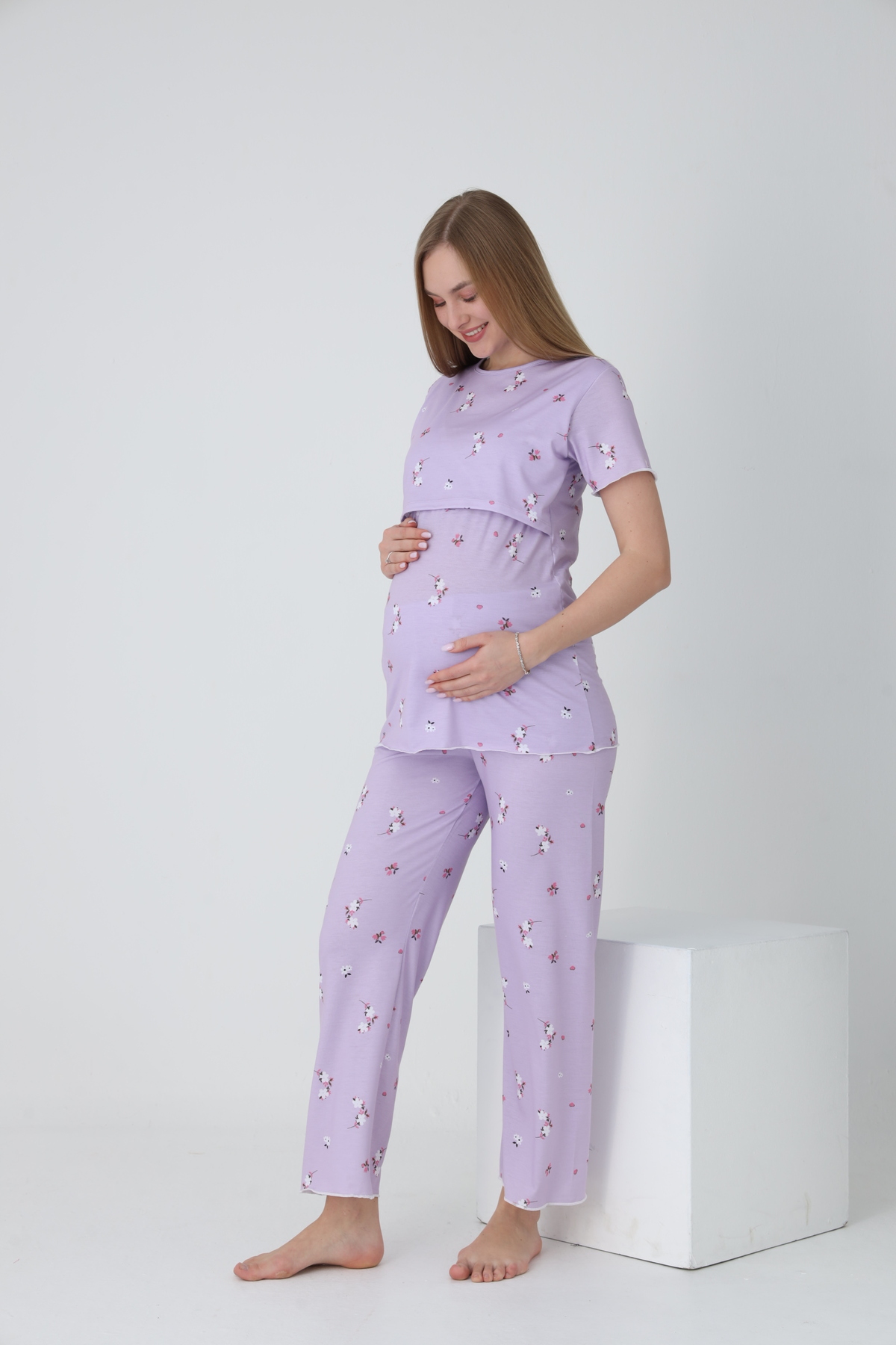 Miss Dünya Lissa Emzirmeye Uygun Kısa Kol Ayarlanabilir Lastik Bel Detaylı Baskılı Hamile ve Lohusa Pijama Takımı fotoğrafı 2 (önizleme)