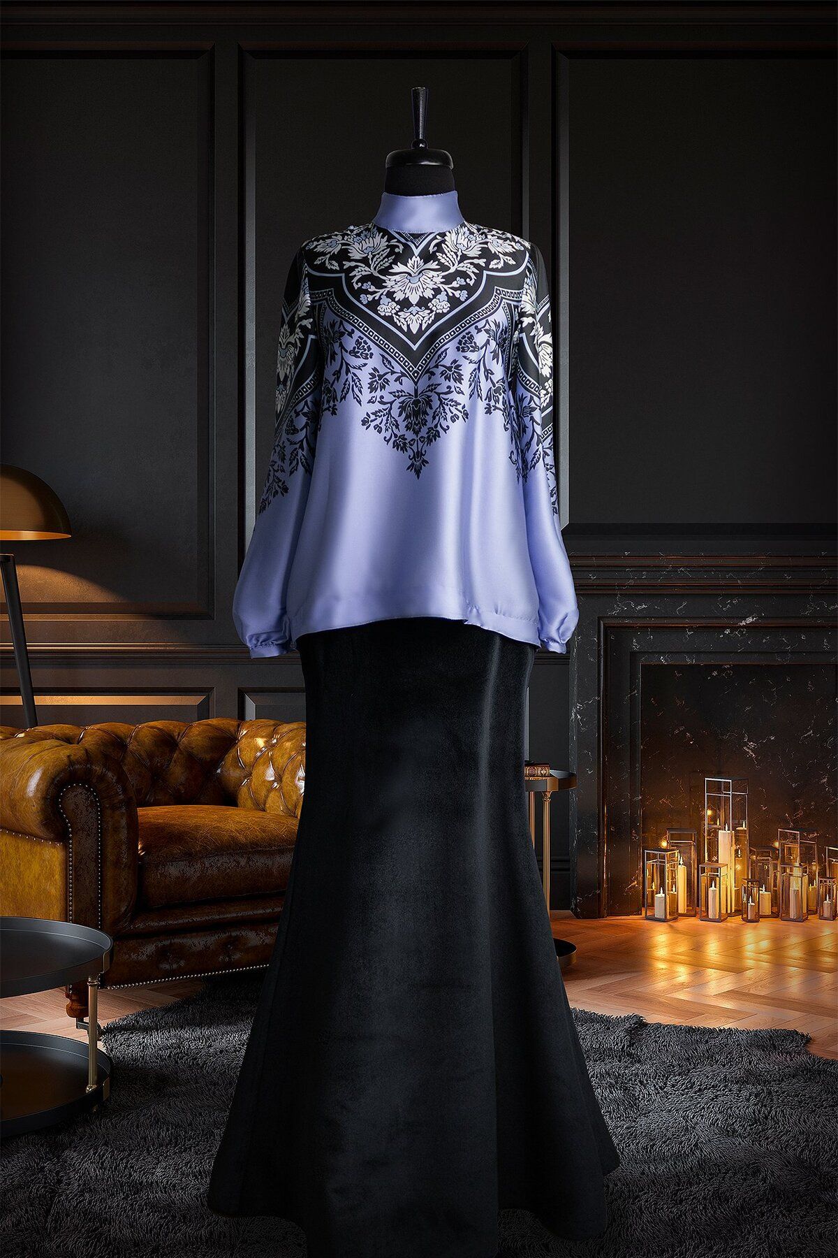 Muslima Wear Mavi Siyah Yaprak Desenli Bilek Şeritli Jasmine Bluz