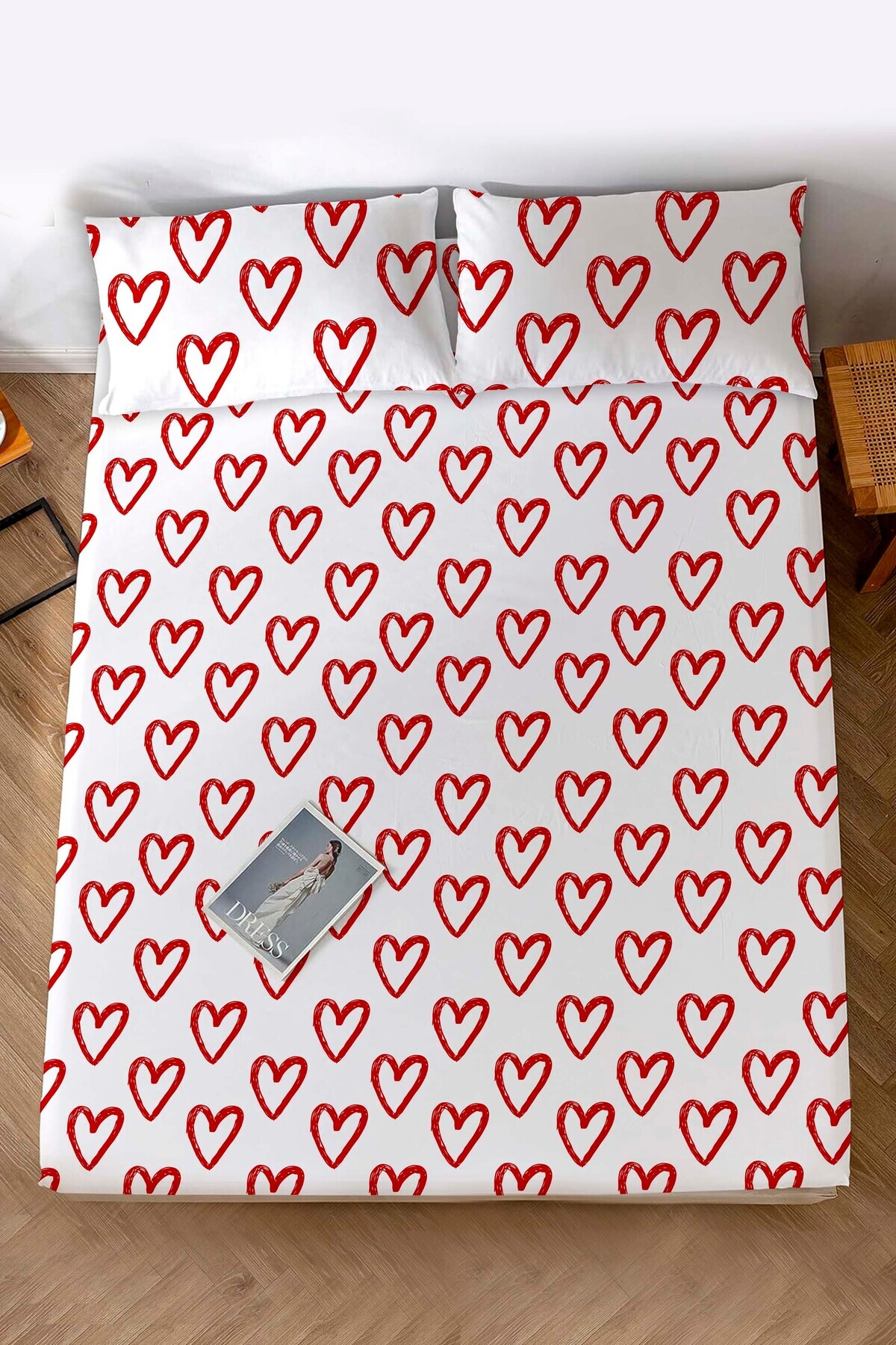 Rivaİstanbul-Double Bed Sheet Plaid Red Hearts Cotton 2