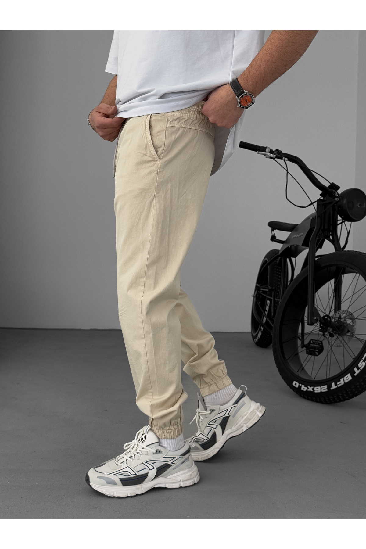 BYBASICMAN-Beige Dizi Stitched Gabardine Jogger Yp-5018 6
