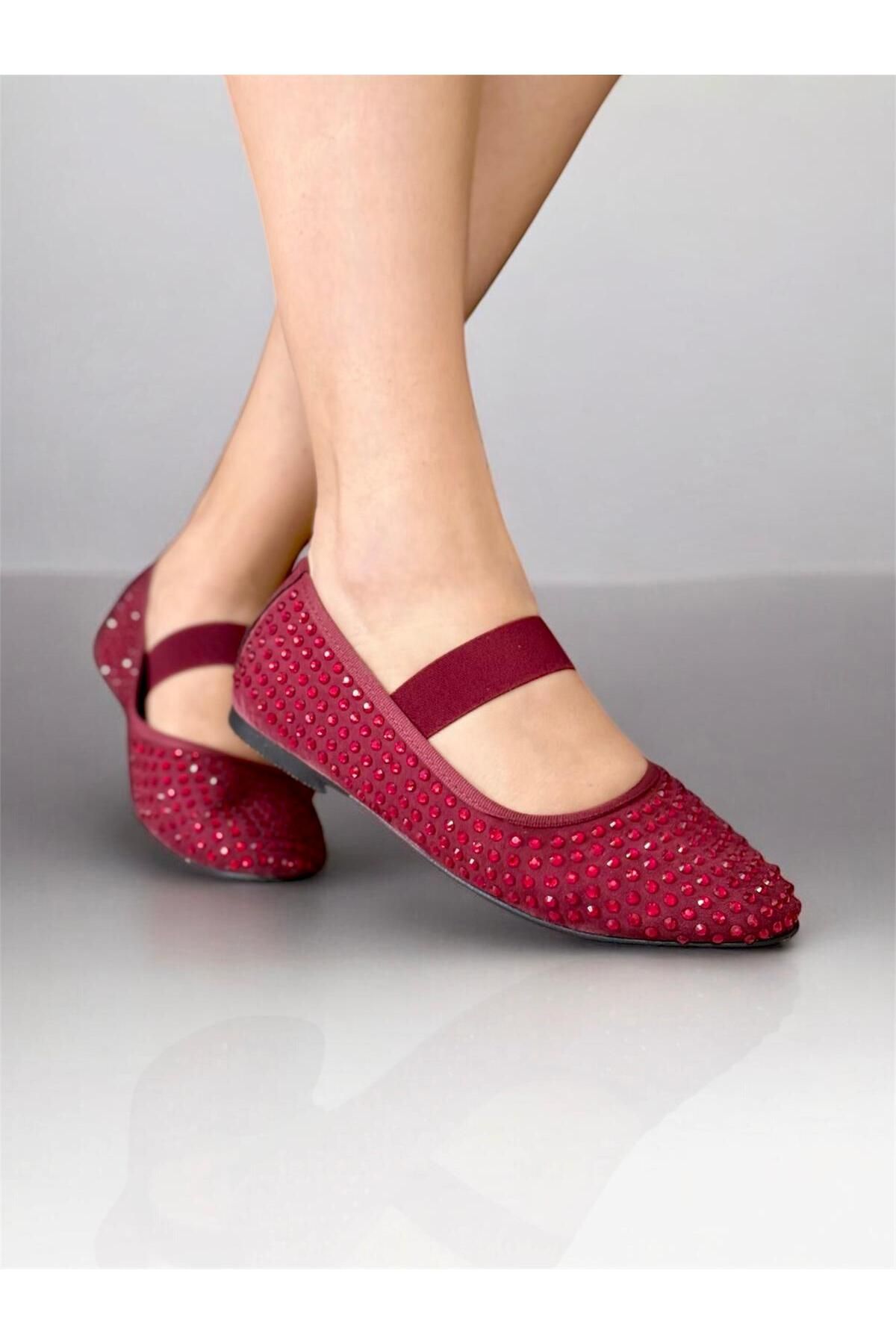 Macelife-Burgundy Suede Stone Detailed Daily Women's Ballerinas 2