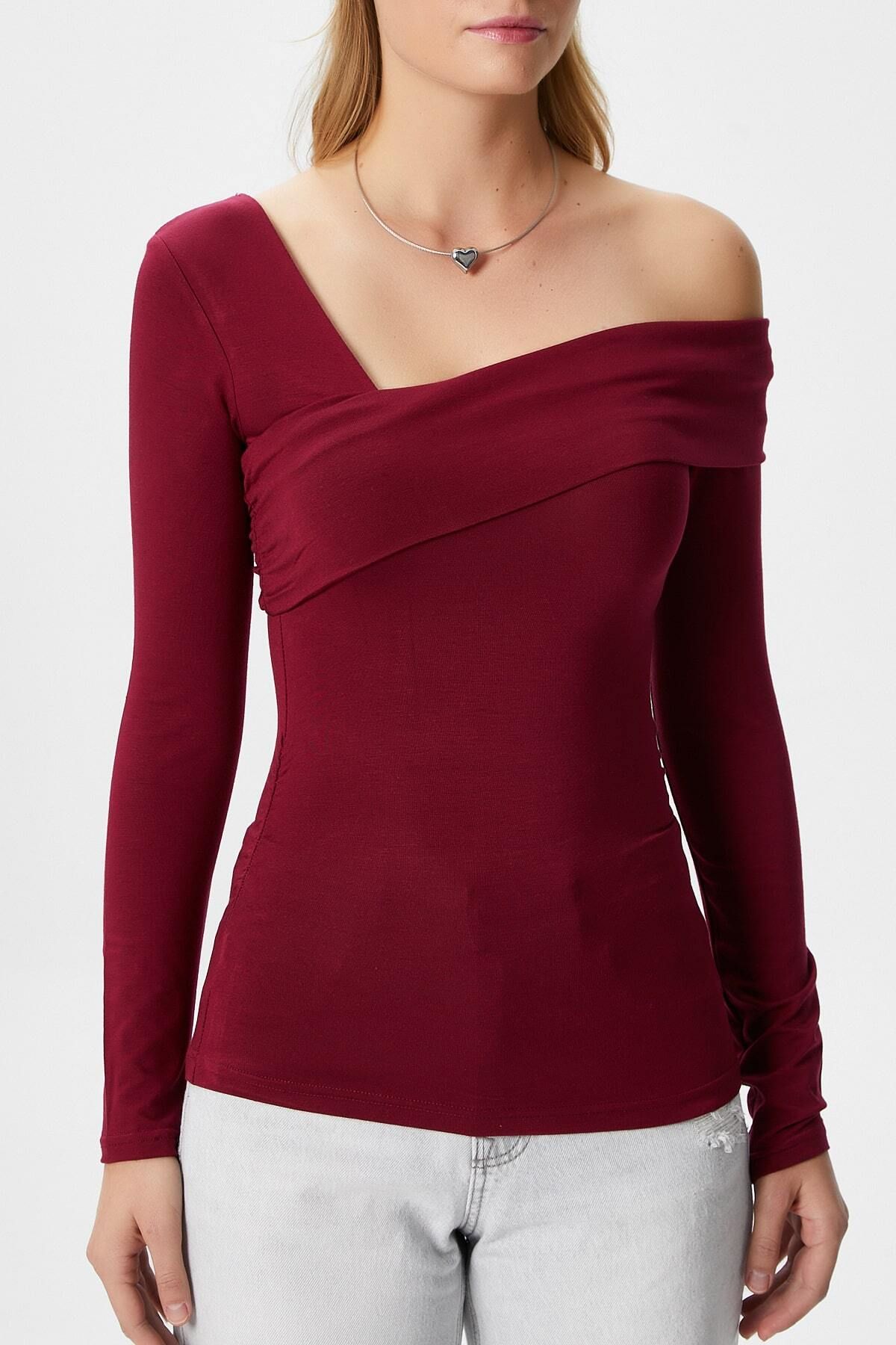 Ritnice-Women's Fuse Shoulder Fold Burgundy Blouse 2