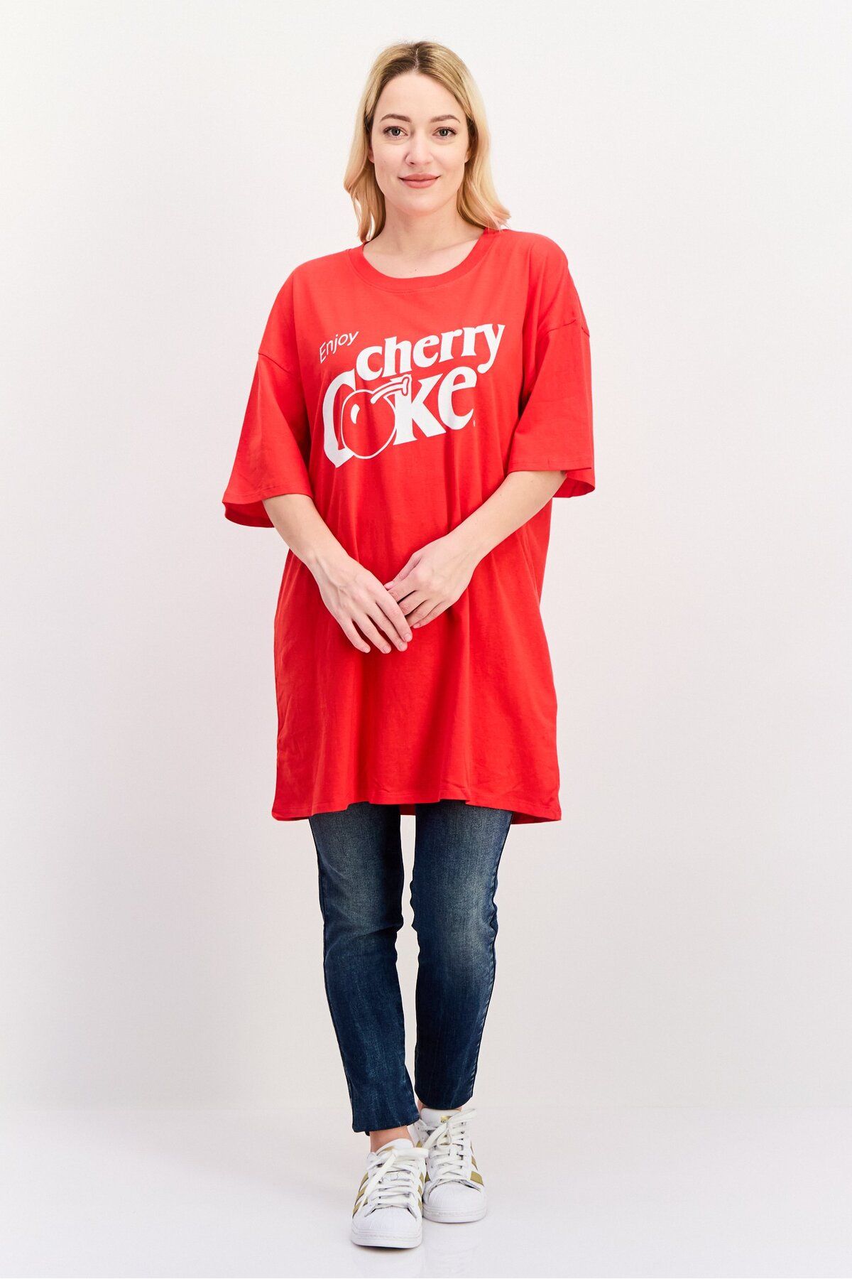 Coca Cola x Undiz-Women Oversized Fit Crew Neck Short Sleeve Printed T-Shirts, Red 3