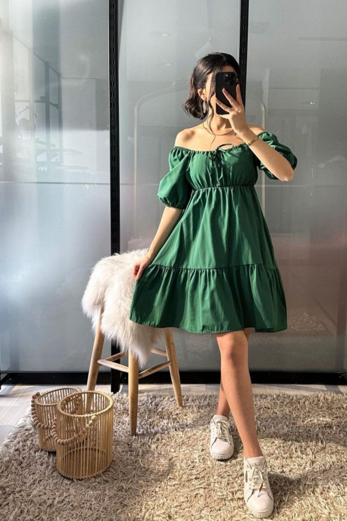 COTTONLAB 2351 Kloş Poplin Elbise - Y.Zümrüt