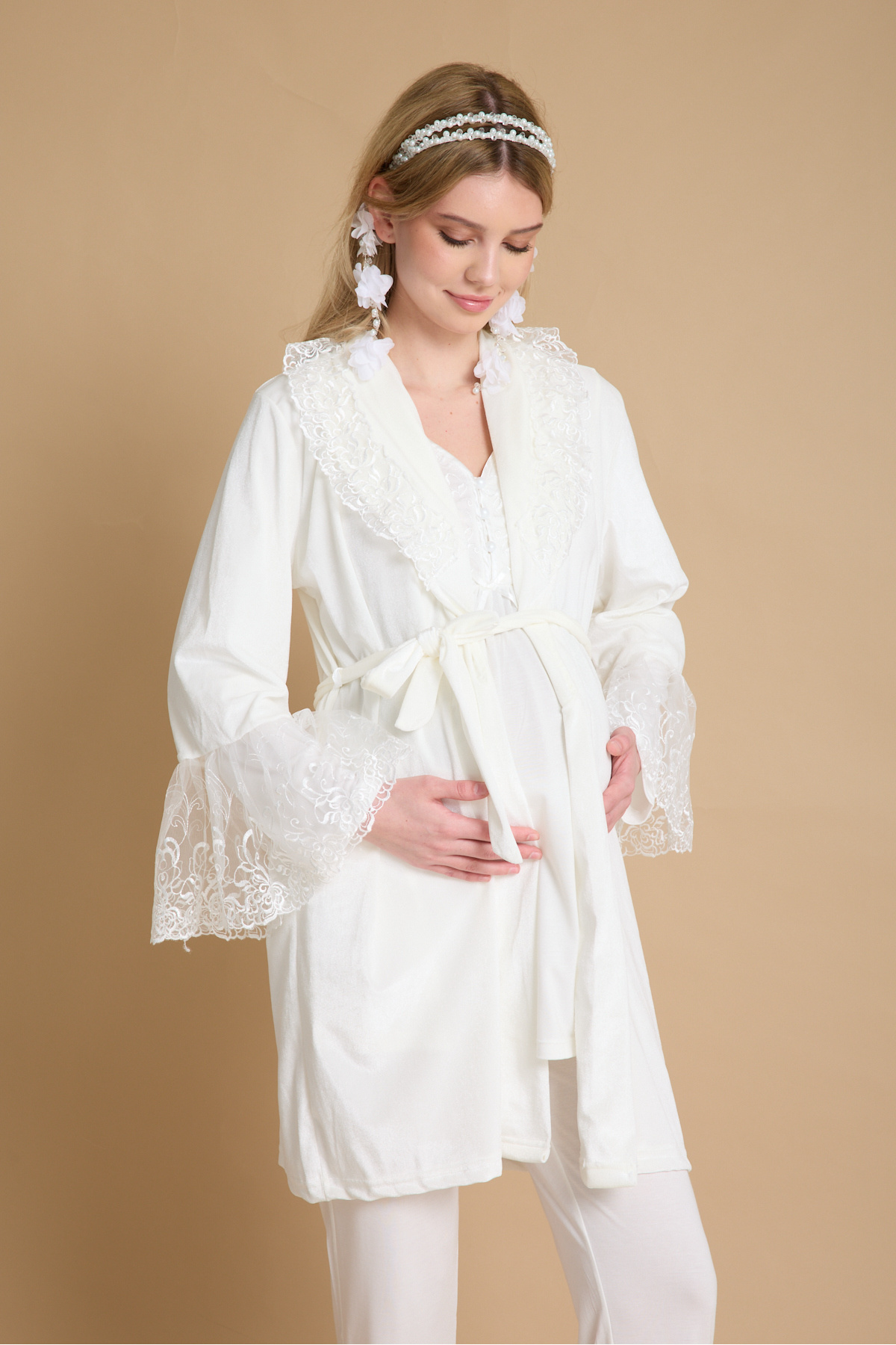 Effortt Hamile Lohusa Zarif Dantel detaylı sabahlıklı Lohusa Pijama Seti Effortt