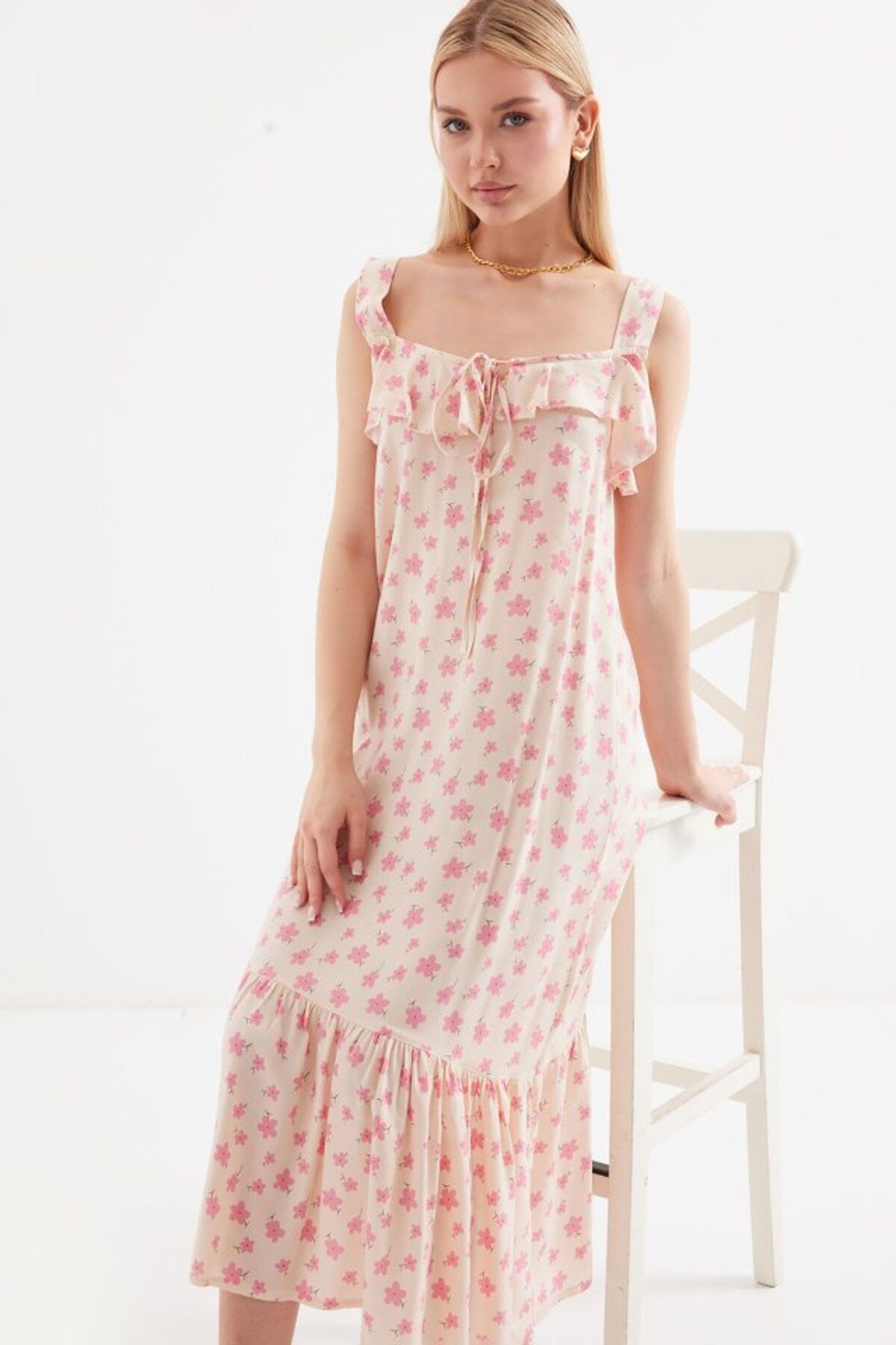 moda wanilia 2237 Desenli Askılı Viskon Elbise - Pembe