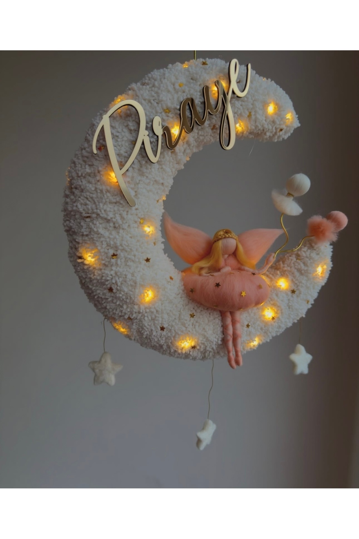 Tasarım Işıklı Ay kapı süsü, peri bebek, keçe kapı süsü, hastane odası kapı süsü fotoğrafı 4 (önizleme)