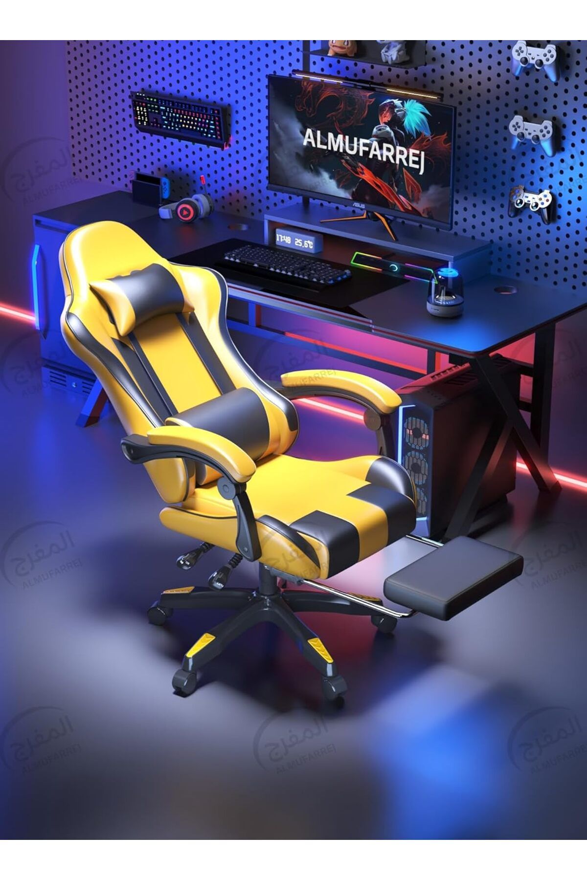 ALMUFARREJ-Gaming Chair Adjustable Computer Chair PC Office PU Leather High Back Lumbar Headre 3