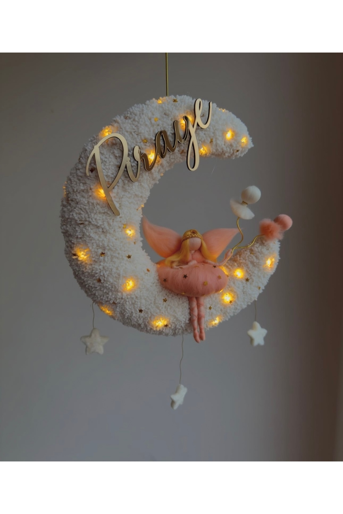 Tasarım Işıklı Ay kapı süsü, peri bebek, keçe kapı süsü, hastane odası kapı süsü fotoğrafı 3 (önizleme)