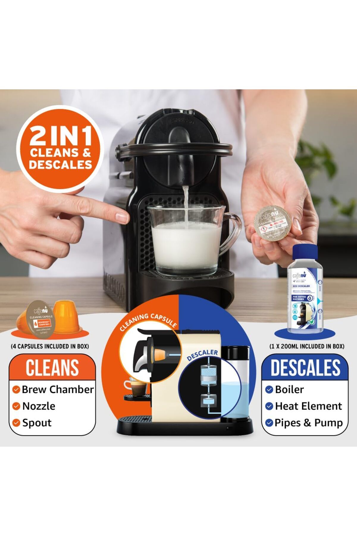 Caffenu-Nespresso Descaling Kit: 2 Solutions, 4 Pods, Limescale Removal, Originaline Compatible 6