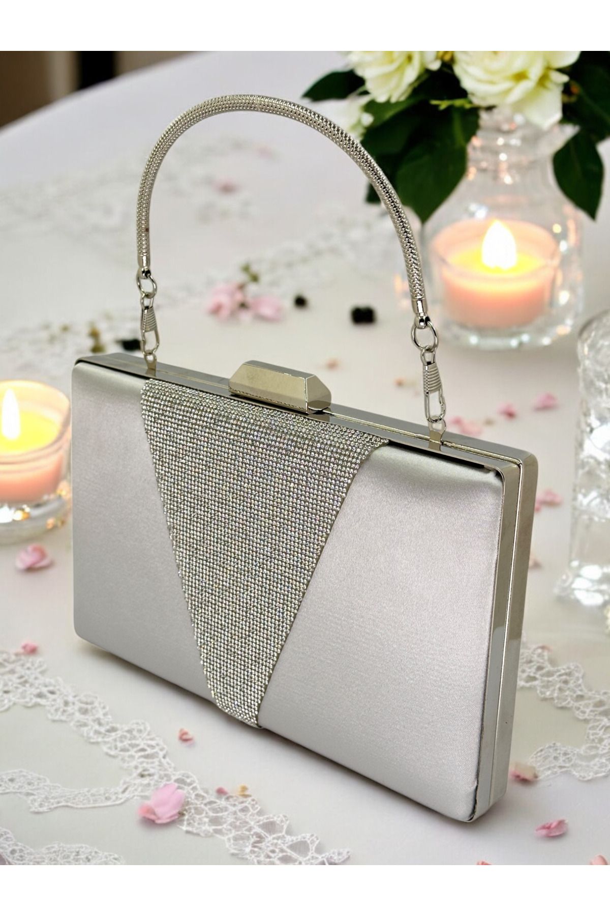 Biçanta-Silver Satin Silver Stone Metal Handle Evening Dress Bag Evening Bag Engagement Wedding Bag 1