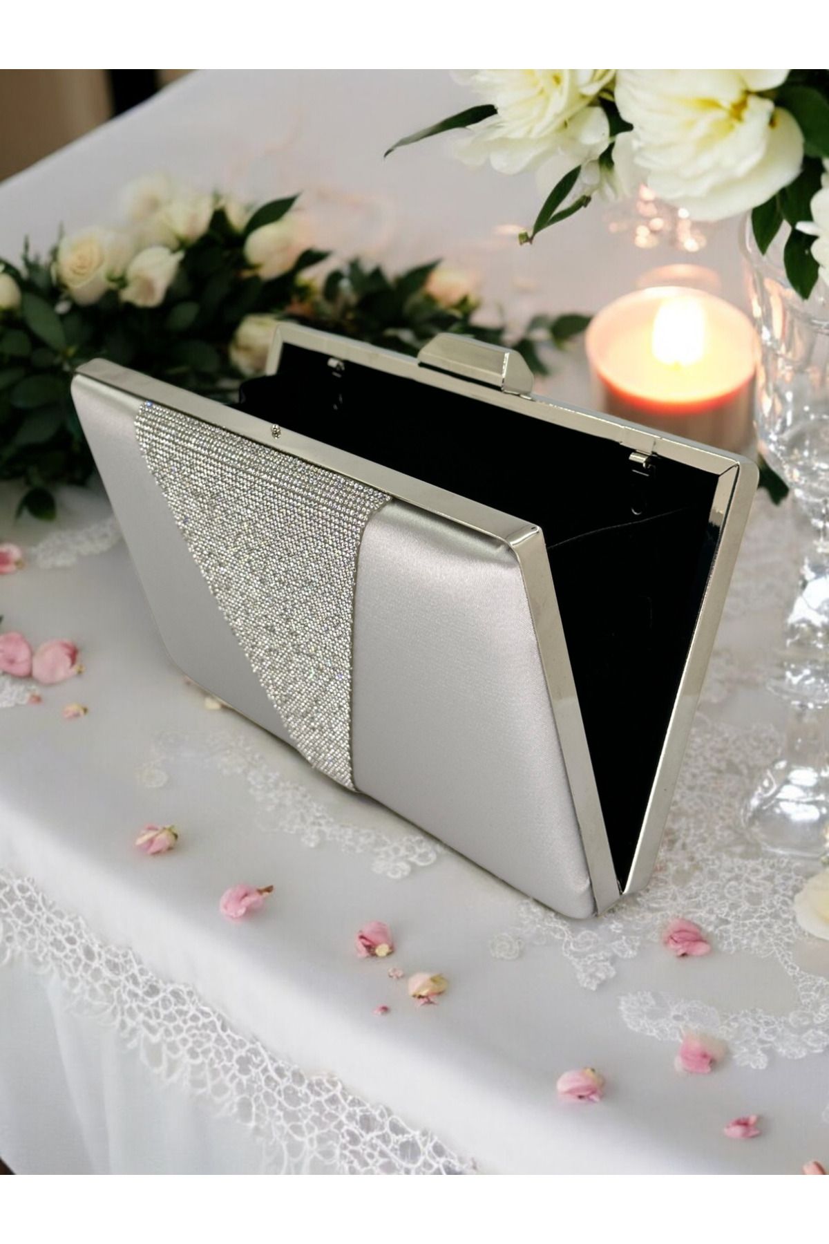 Biçanta-Silver Satin Silver Stone Metal Handle Evening Dress Bag Evening Bag Engagement Wedding Bag 3