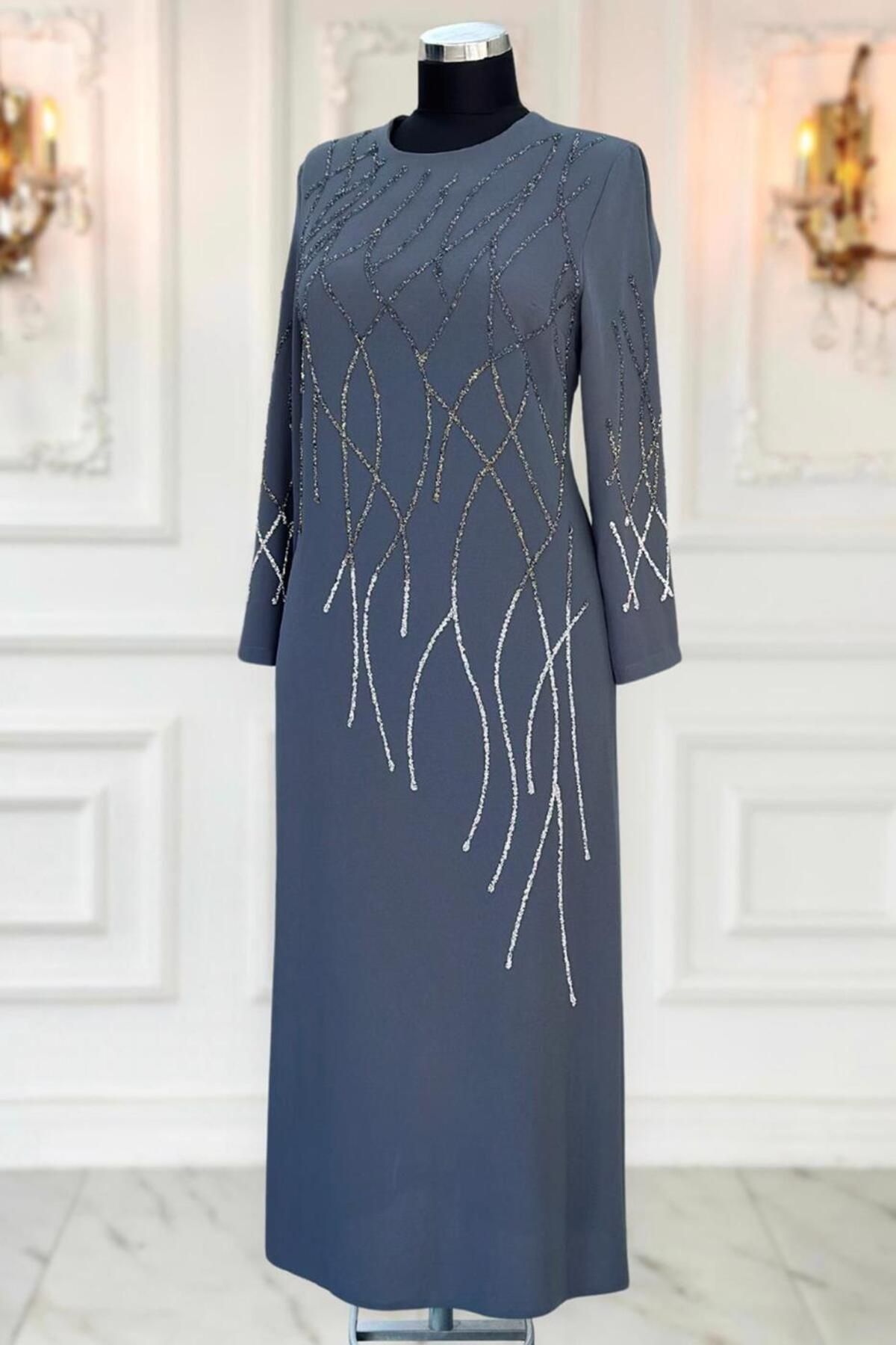 TRENDTESETTÜR-Women's Gray Stone Dress Plus Size Evening Dress t 8031 1