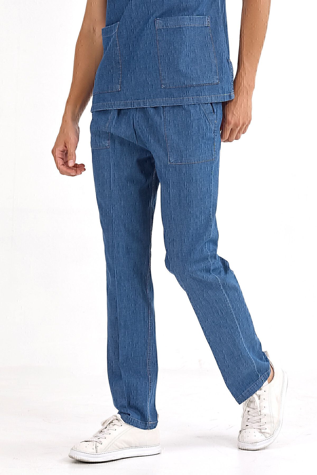 ÇİZGİ MEDİKAL-Pantaloni medii cu un singur fund albastru denim (țesătură de blugi REAL) 2