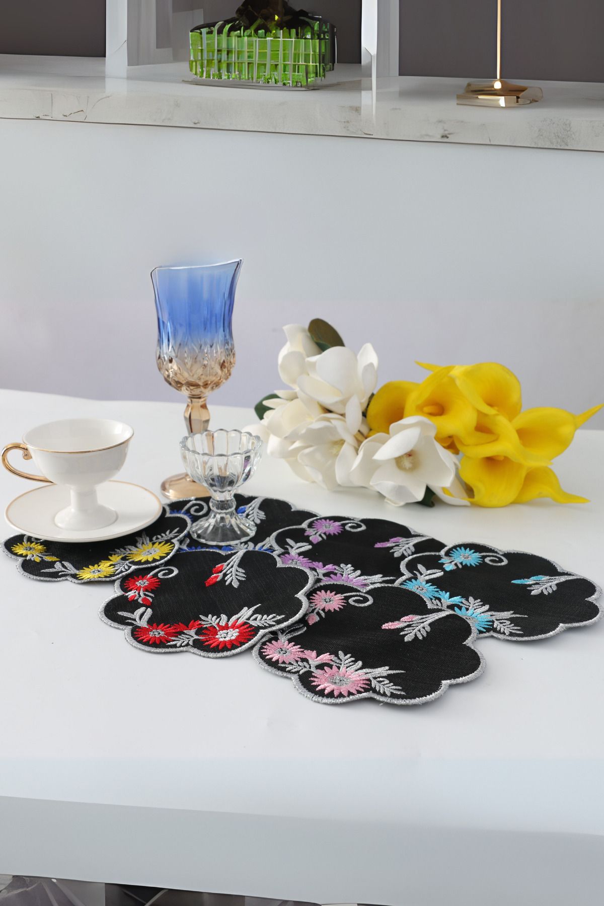 PLT Design 6 Culori Model Floral Negru Lenjerie In Cafea Side Cocktail Serviciu Servetel - One Size