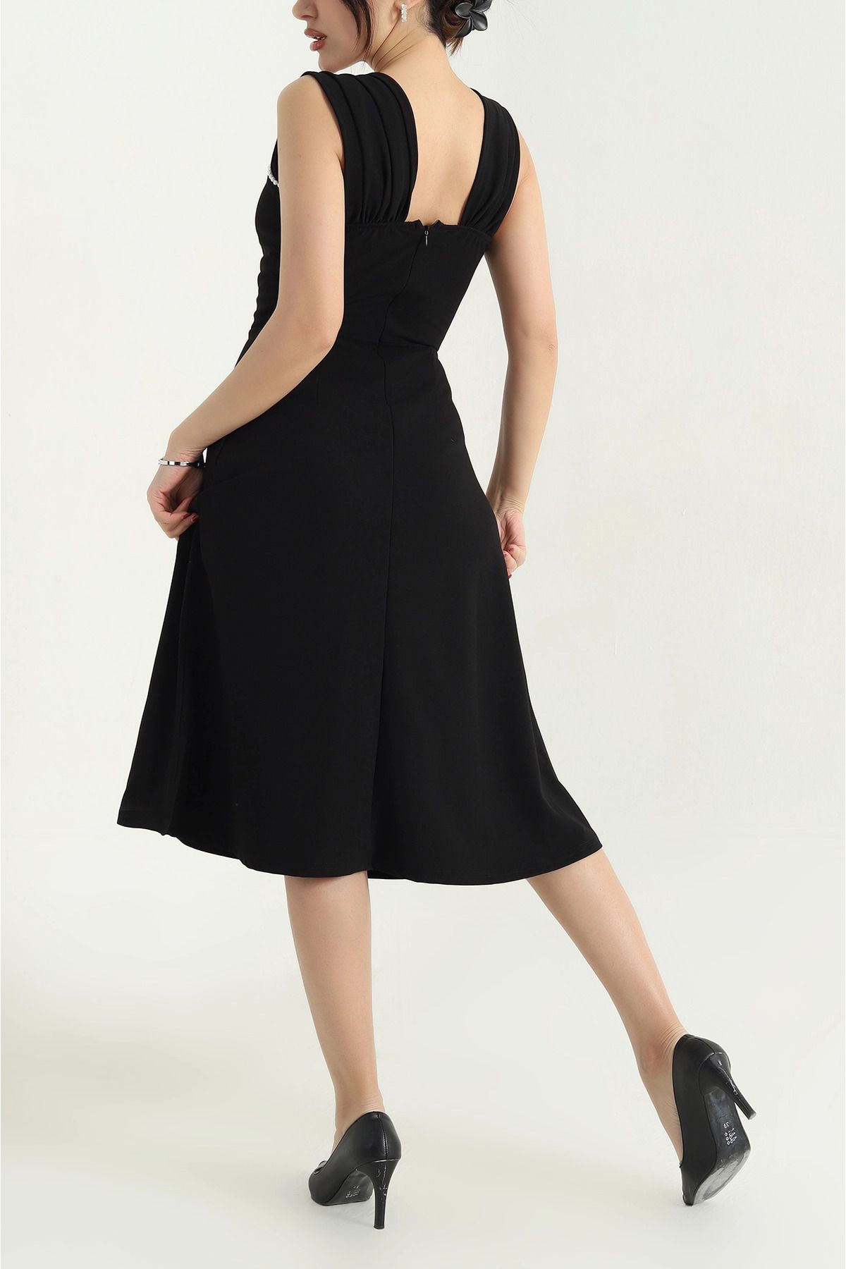 vuvutasarım-New Season Black Pearl Imported Crep Dress 3