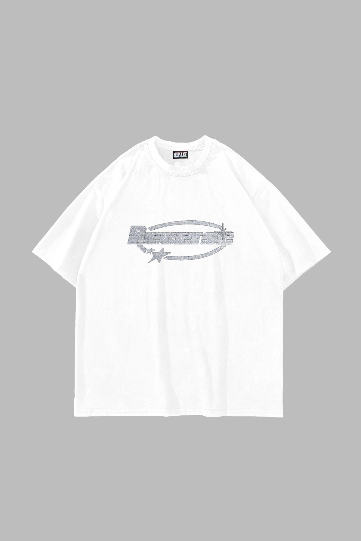 Sekizbiraltı-Reverse Stone Printed Oversize Unisex White Tshirt 1