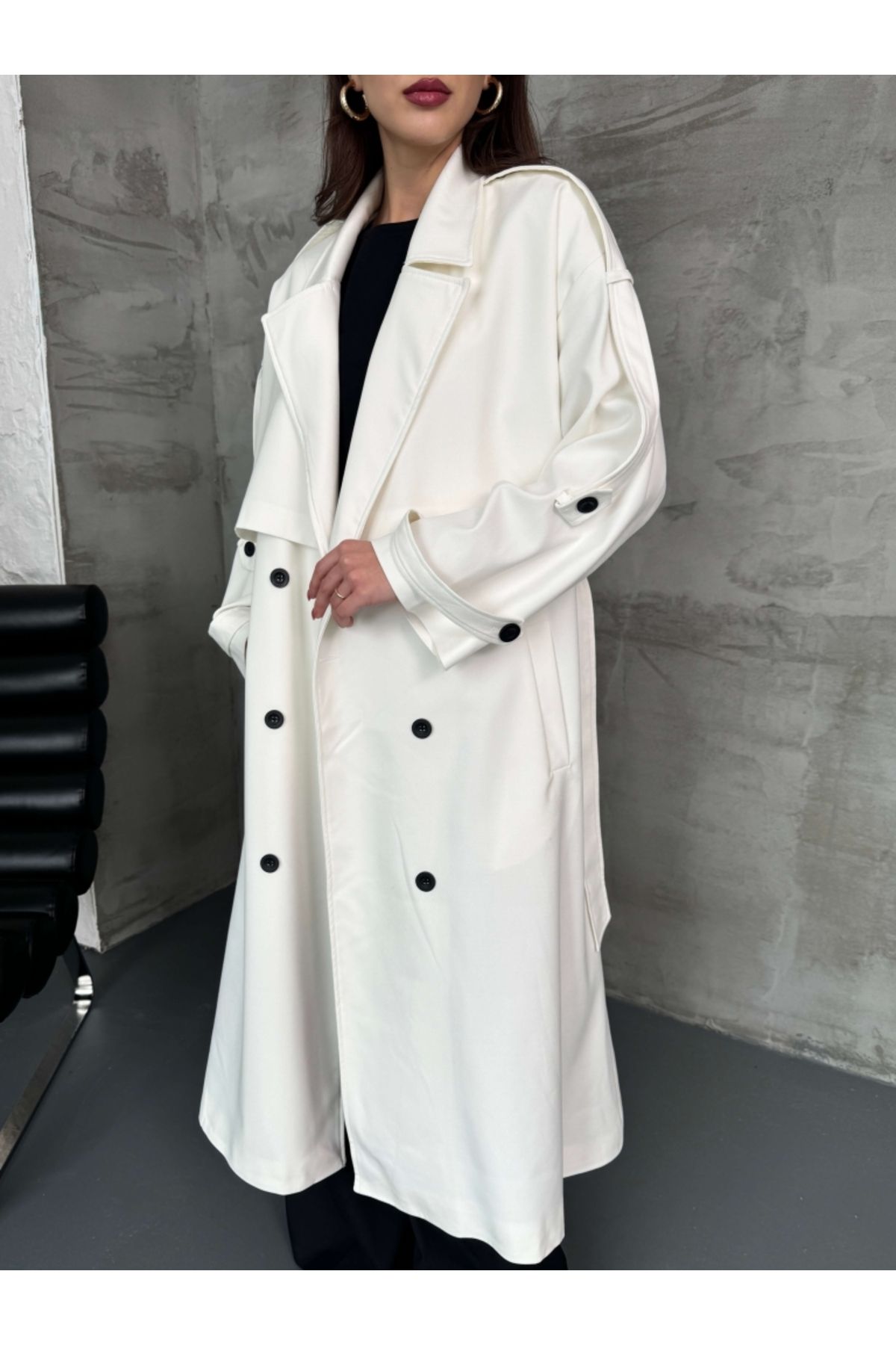 Elif Özbey Butik-White Double Breasted Detailed Oversize Trench Coat 2