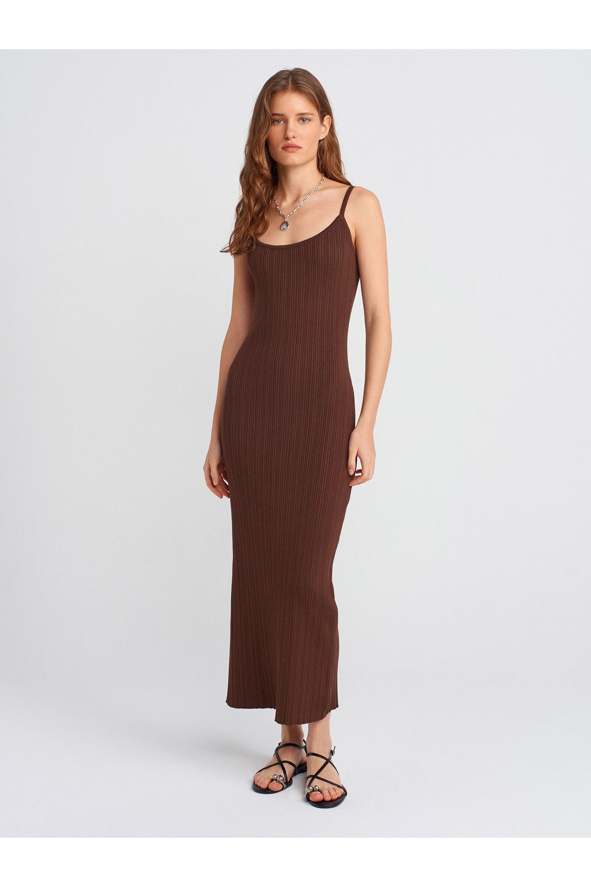 Dilvin-90139 Strappy Knitwear Dress-Brown 3