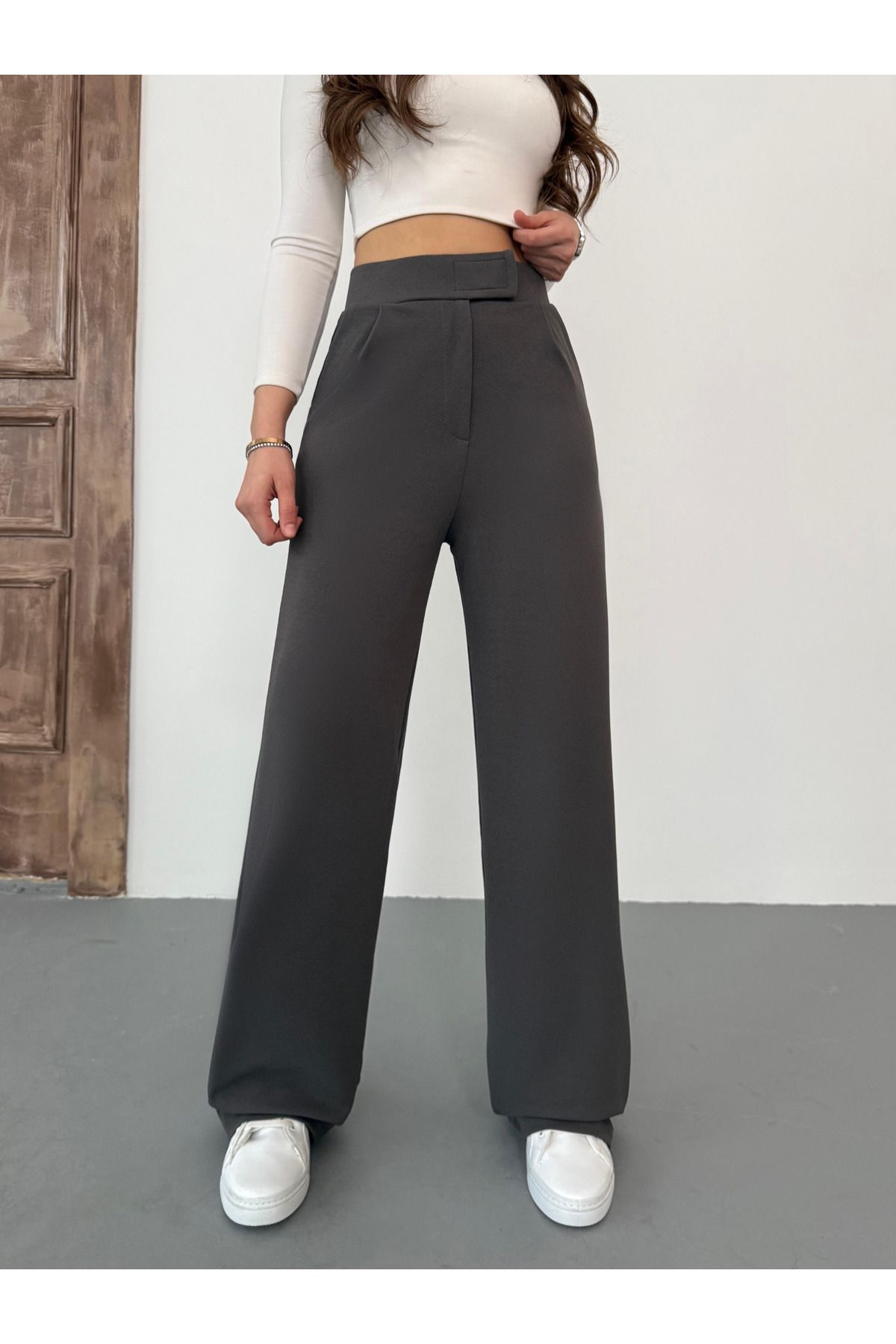 BİKELİFE-Graue Palazzo-Hose aus Lycra mit Klettverschluss für Damen 2
