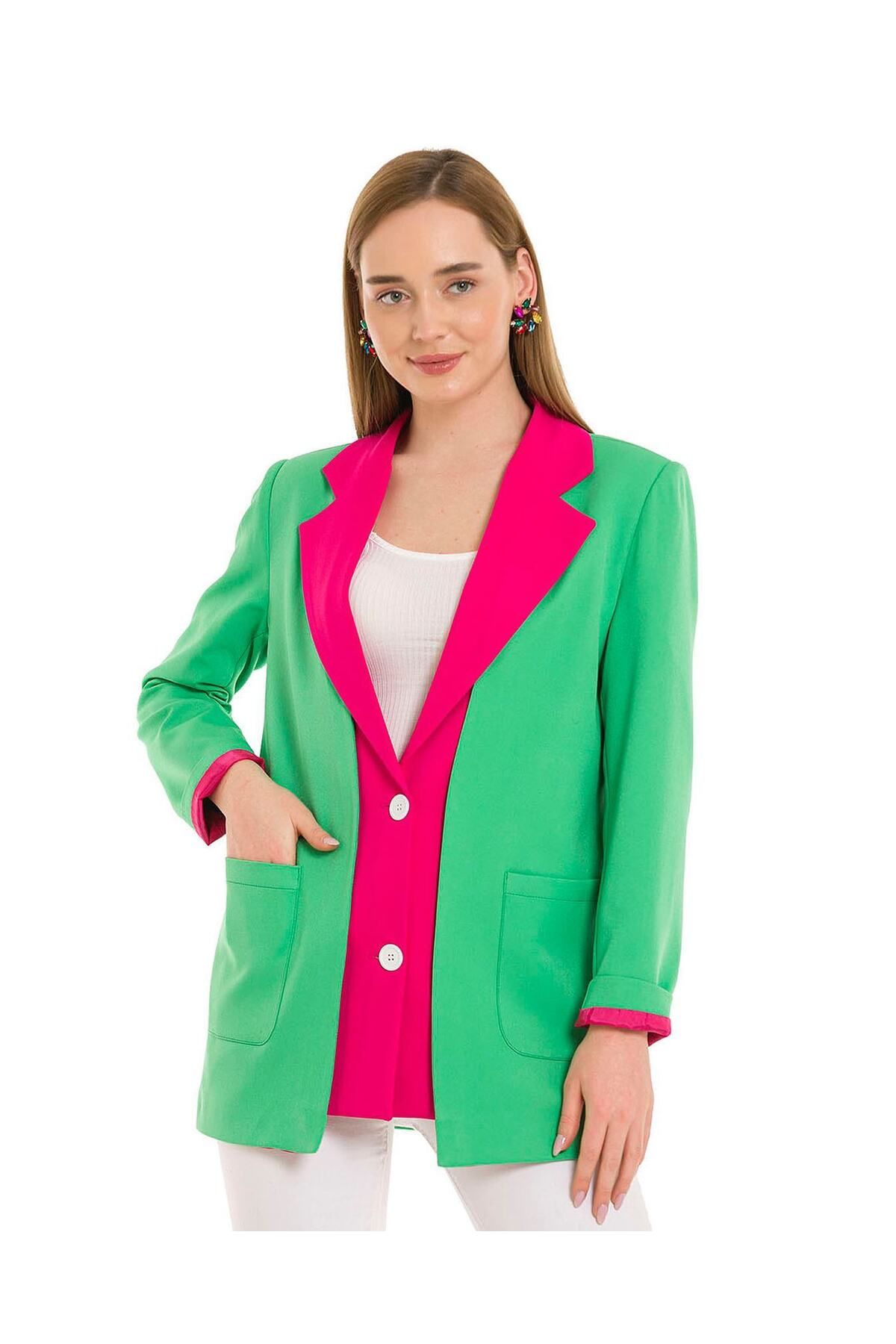 LOKADI-Women's Lined Fuchsia Green Blazer Jacket 3