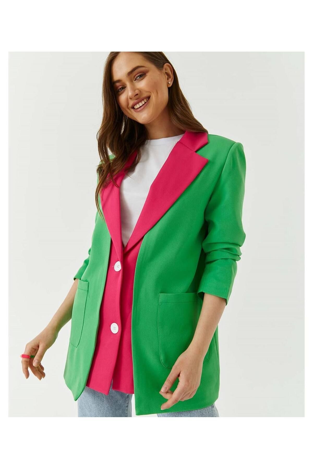 LOKADI-Women's Lined Fuchsia Green Blazer Jacket 1