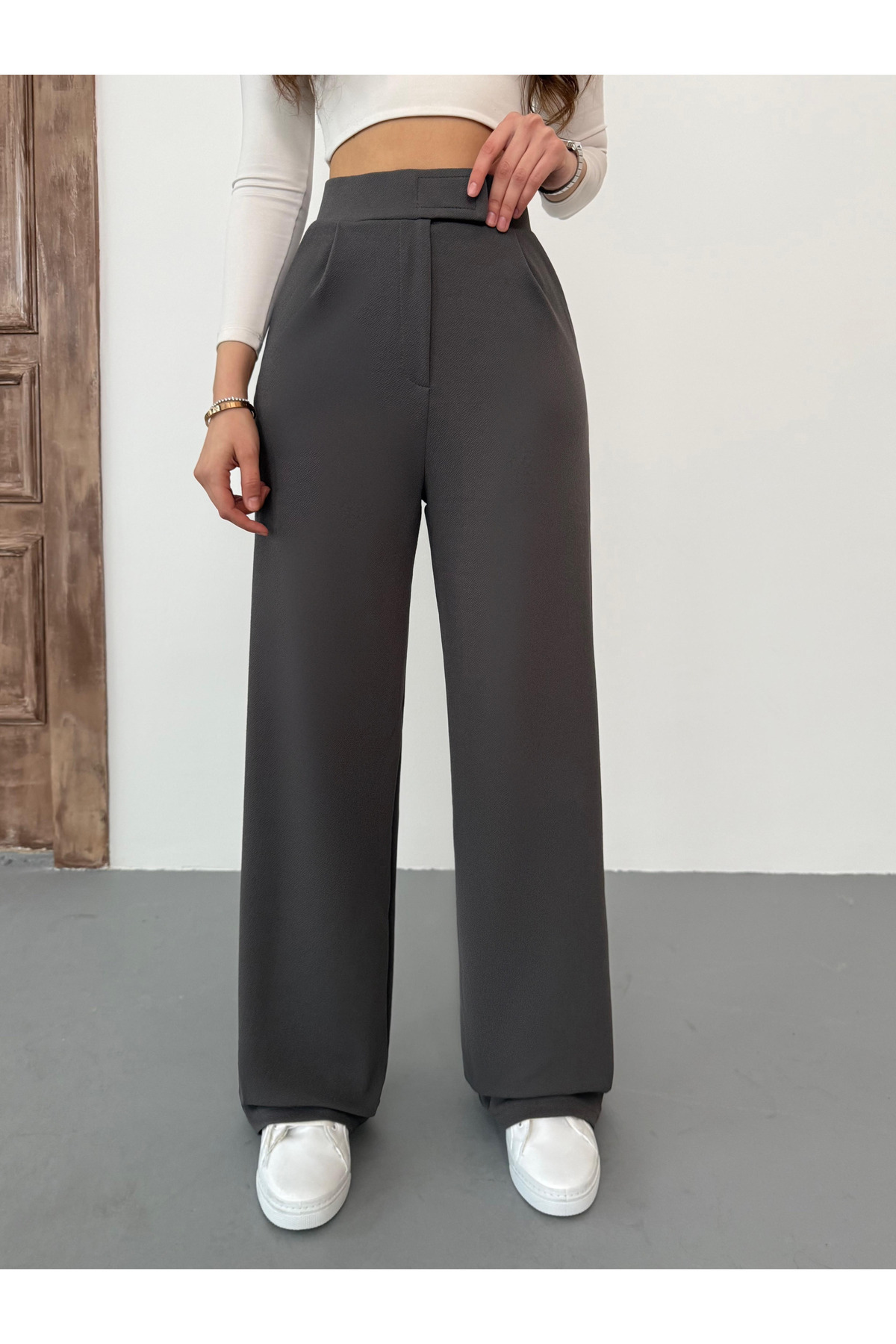 BİKELİFE-Graue Palazzo-Hose aus Lycra mit Klettverschluss für Damen 7