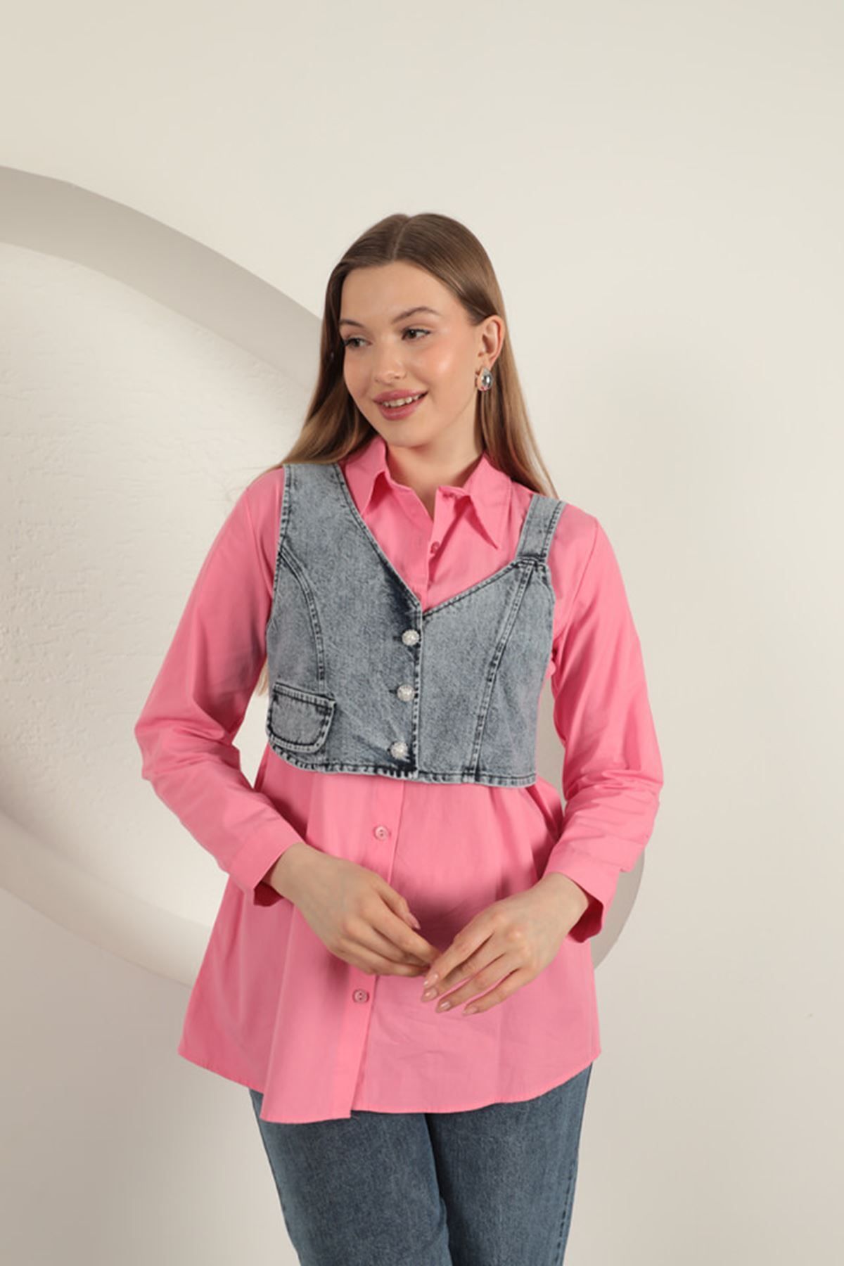Graph Poplin Kumaş Yelek Detaylı Pembe Kadın Gömlek