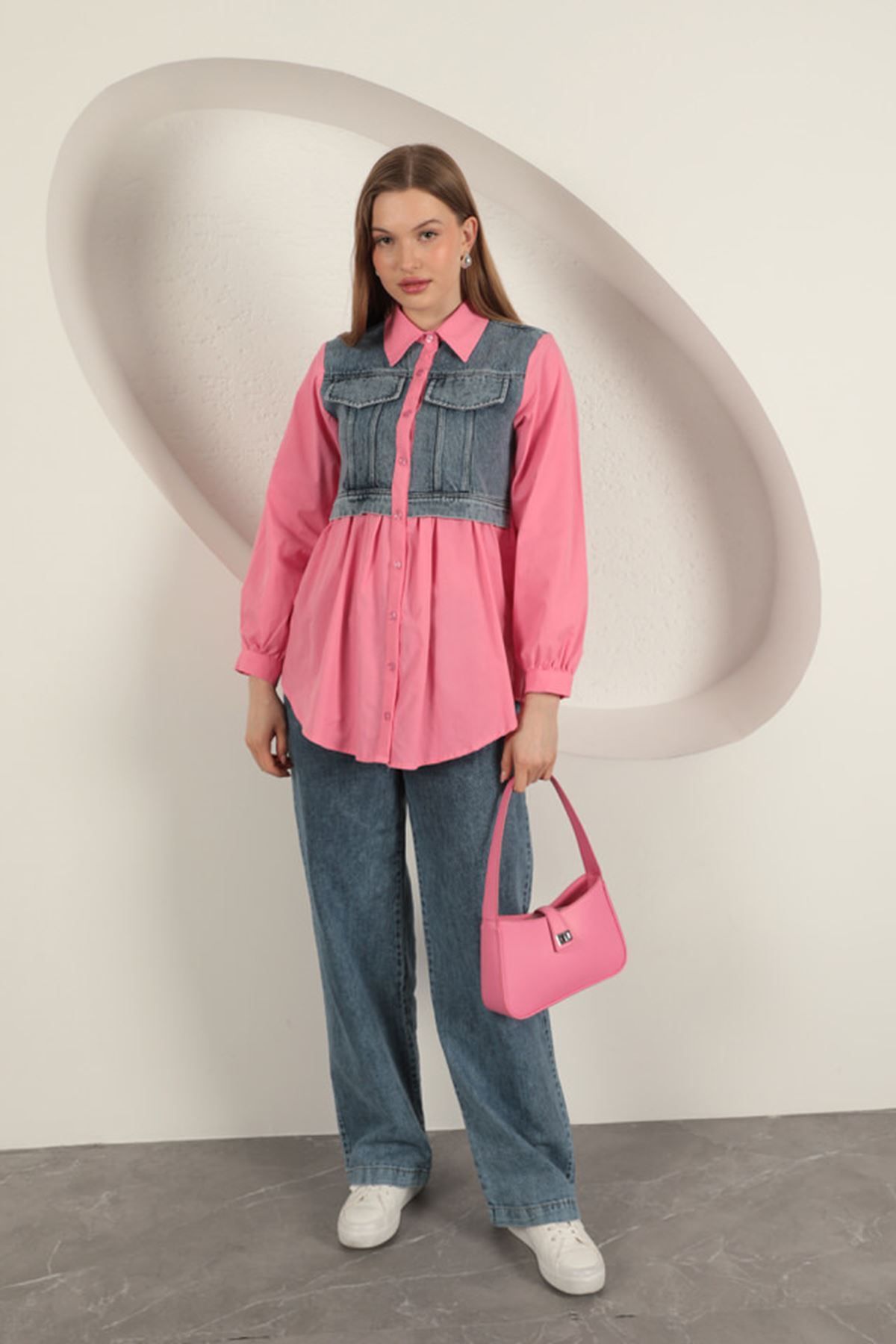 Graph Poplin Kumaş Kot Garnili Pembe Kadın Gömlek